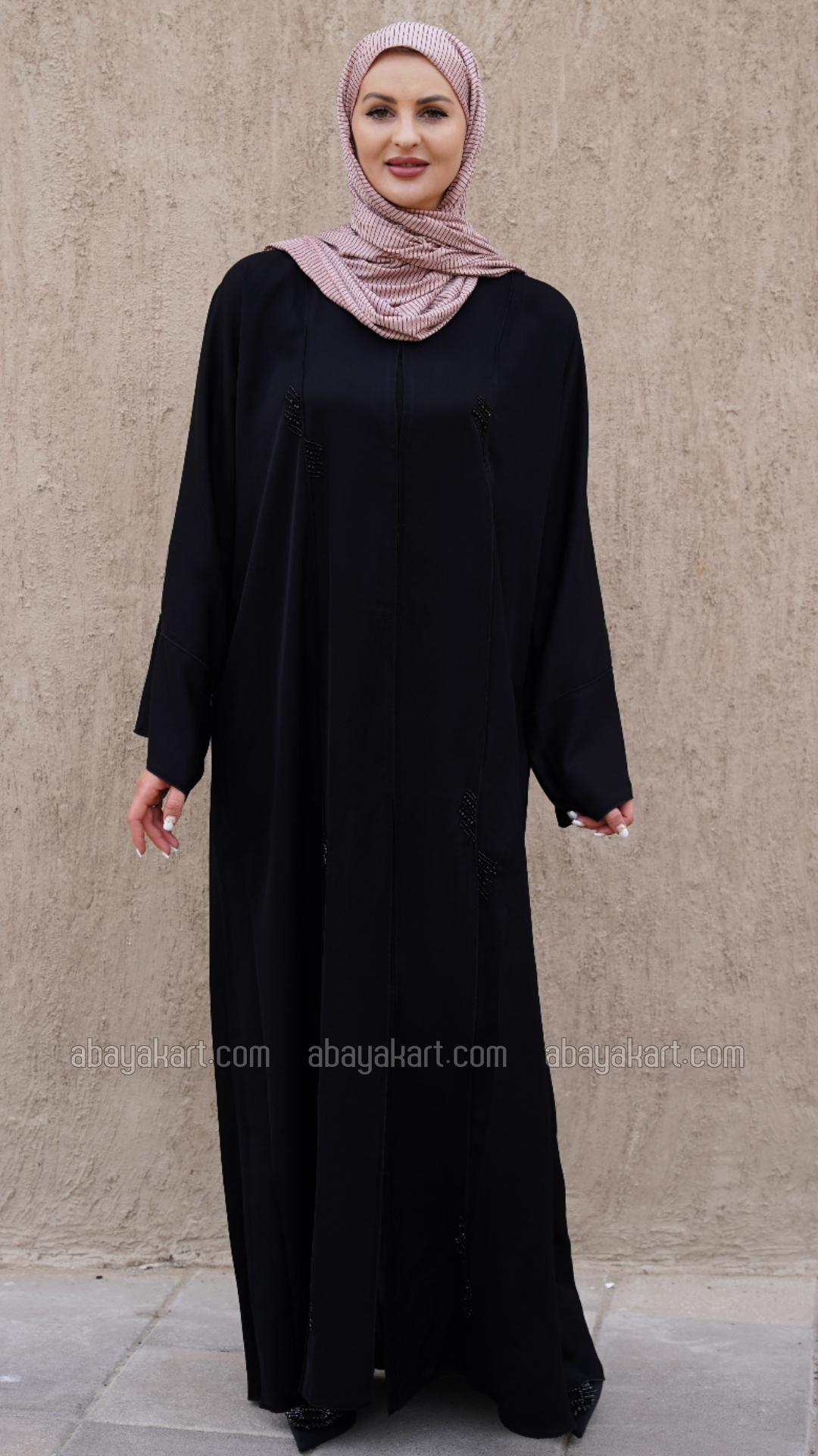 Wholesale Black Nida Matte FrontOpen Abaya with Crystal Work on the Front Back and Sleeves