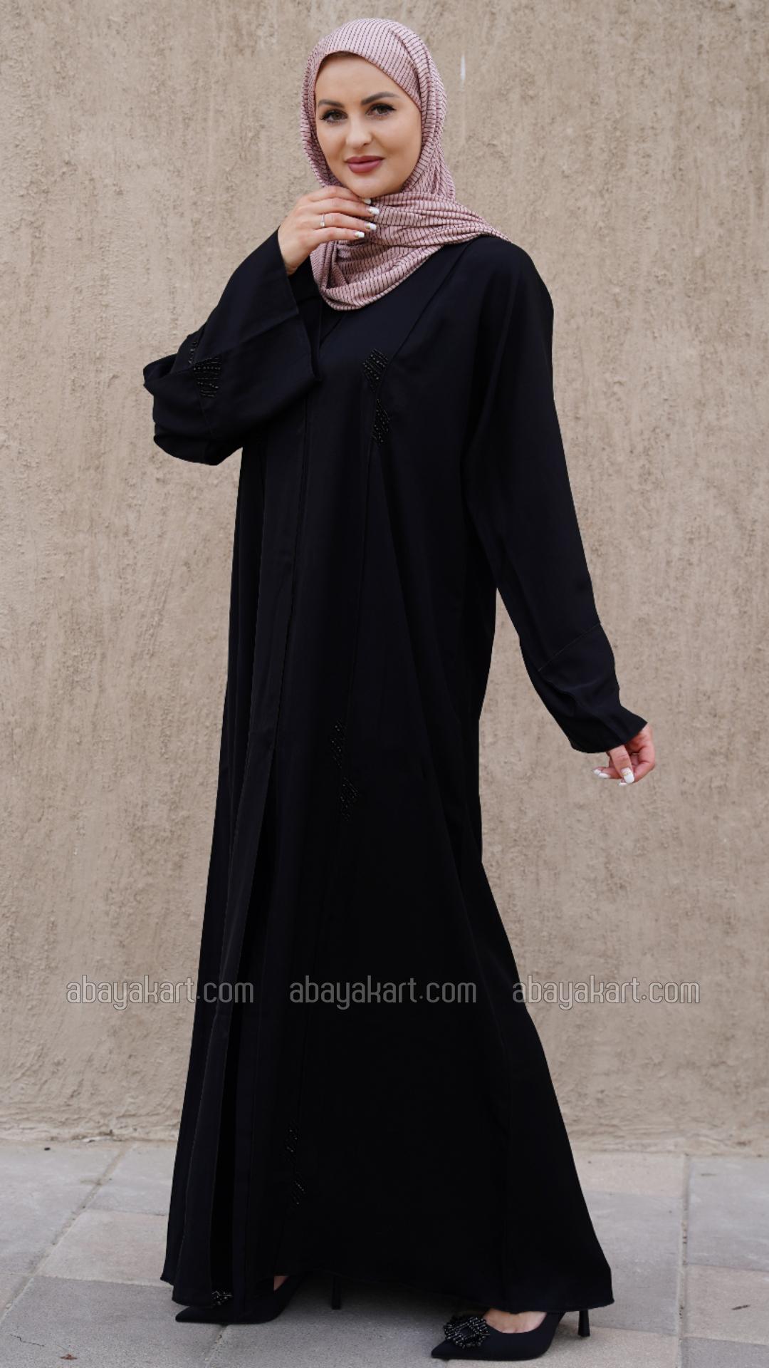 Wholesale Black Nida Matte FrontOpen Abaya with Crystal Work on the Front Back and Sleeves