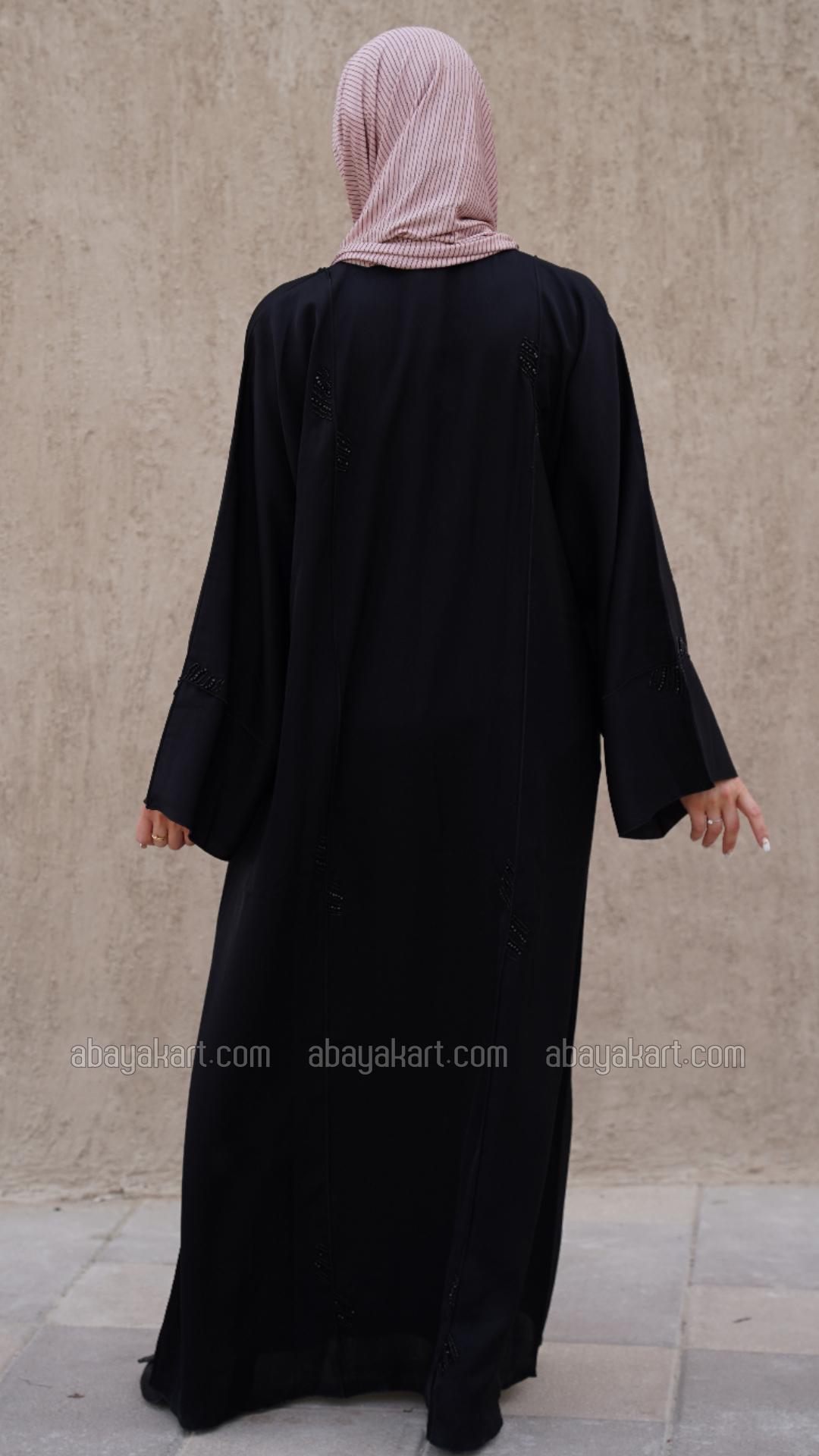 Wholesale Black Nida Matte FrontOpen Abaya with Crystal Work on the Front Back and Sleeves