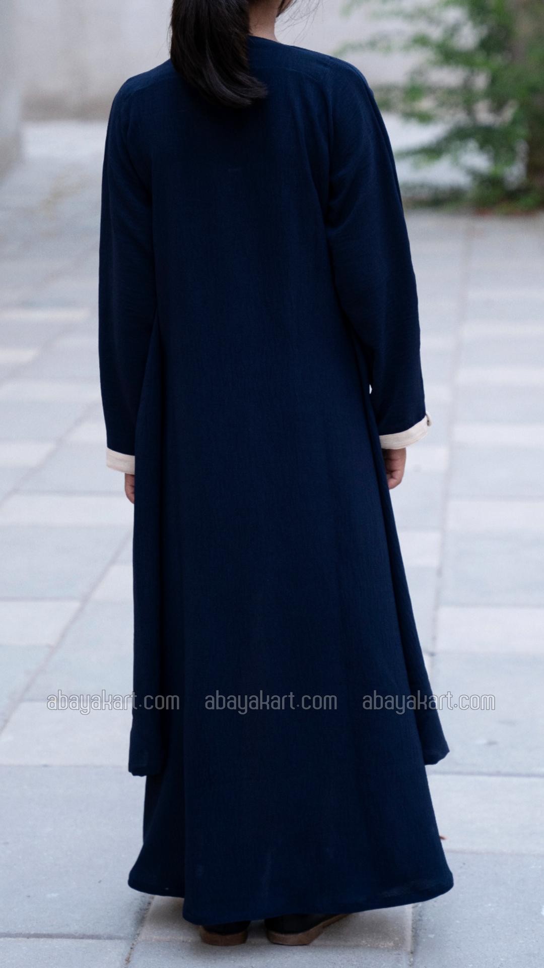 Wholesale Shrug Abaya for Kids with Show Buttons on the Front in Navy Blue and Cream
