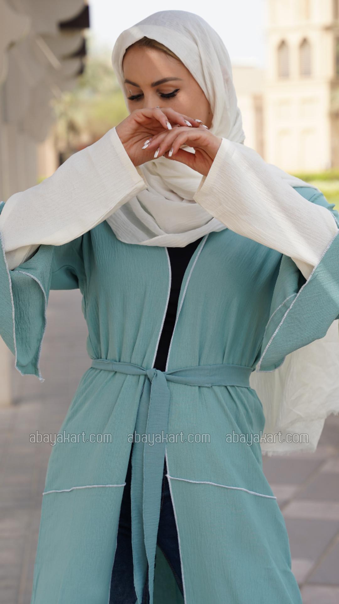 Wholesale Shrug with OffWhite Overlocking on the Front and Sleeves in Turquoise