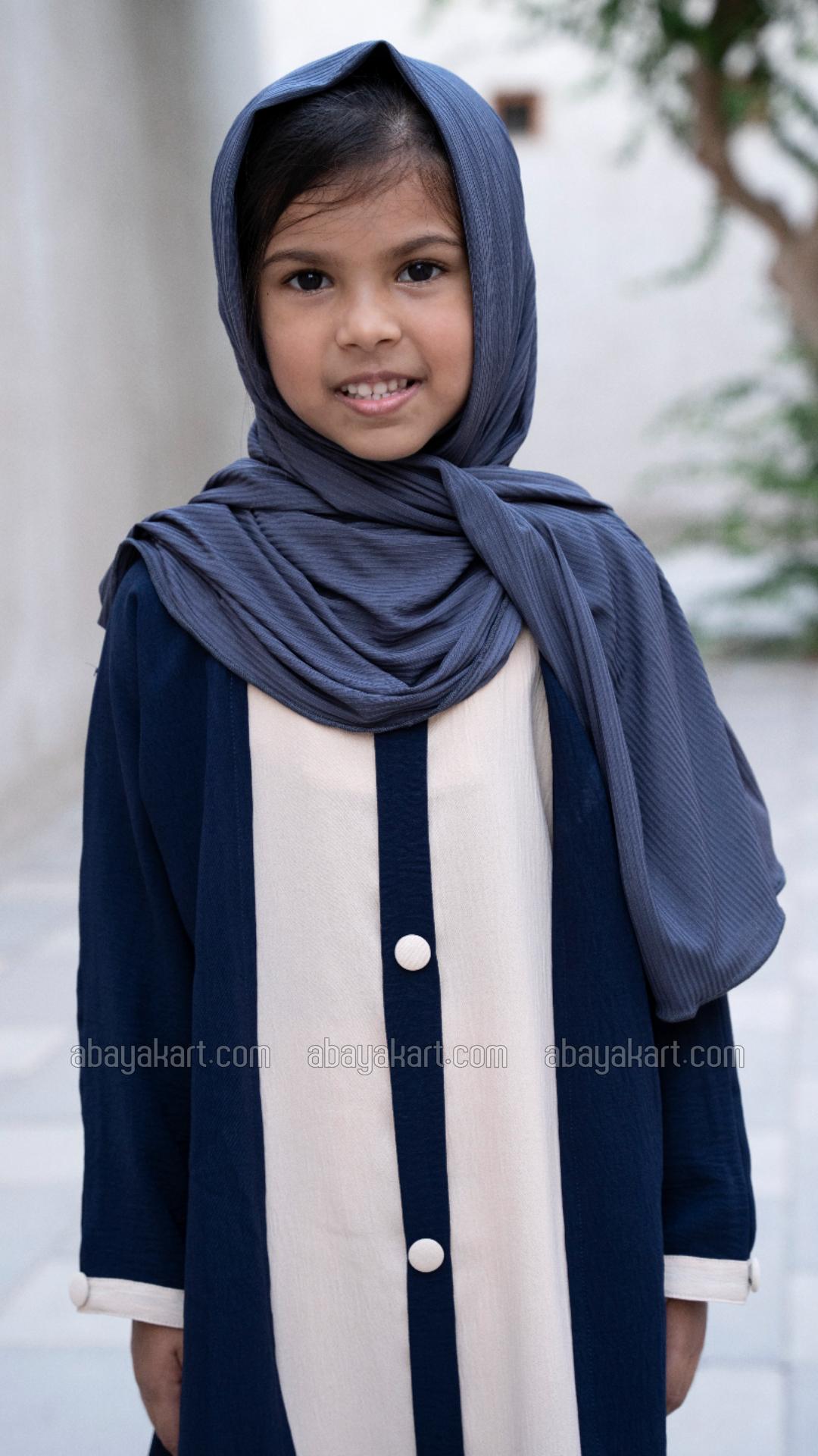Wholesale Shrug Abaya for Kids with Show Buttons on the Front in Navy Blue and Cream