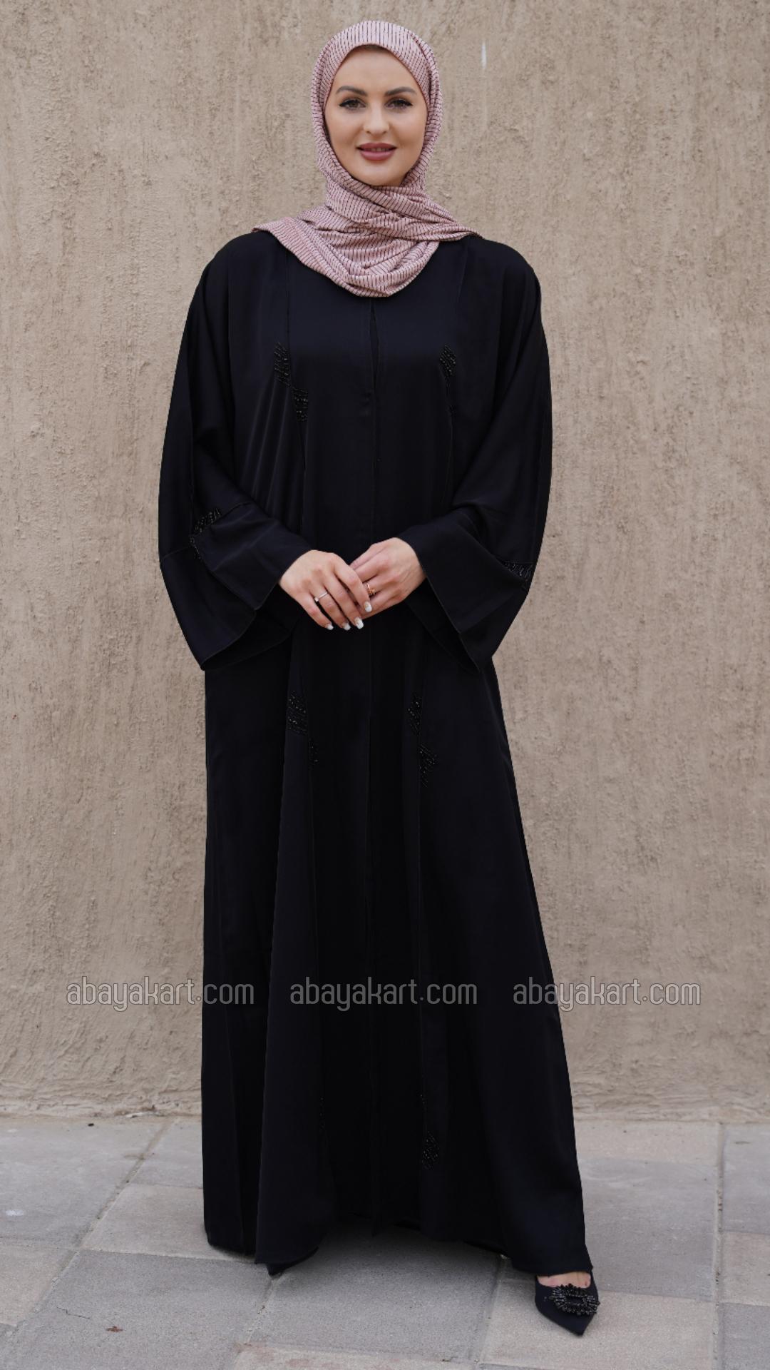 Wholesale Black Nida Matte FrontOpen Abaya with Crystal Work on the Front Back and Sleeves