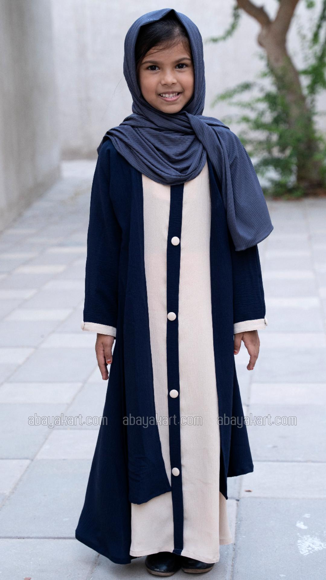 Wholesale Shrug Abaya for Kids with Show Buttons on the Front in Navy Blue and Cream