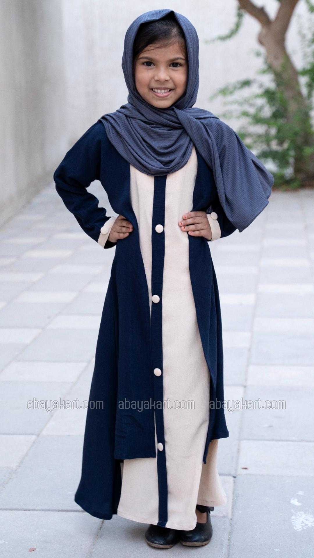 Wholesale Shrug Abaya for Kids with Show Buttons on the Front in Navy Blue and Cream