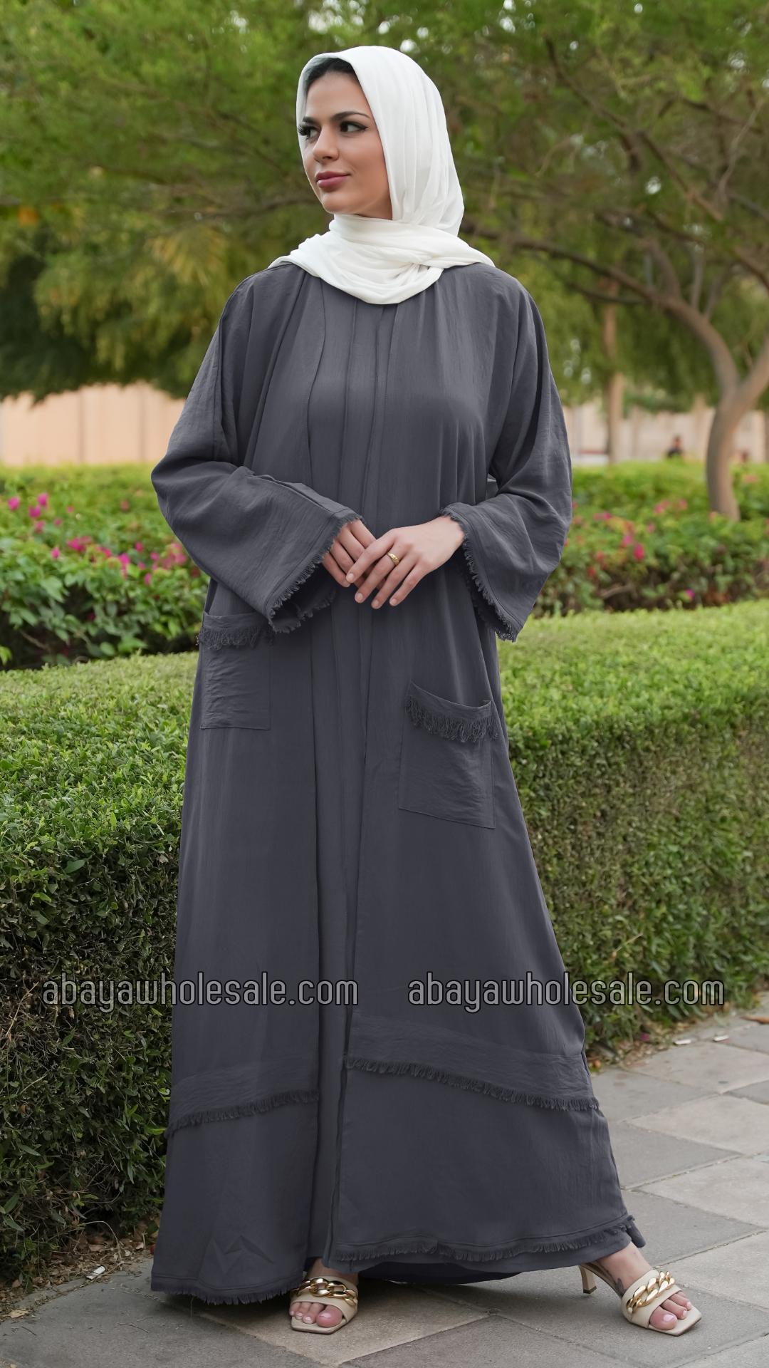 Wholesale  Modest Dress with Weaving Yarn Work on the Front and Pocket in Dark Grey
