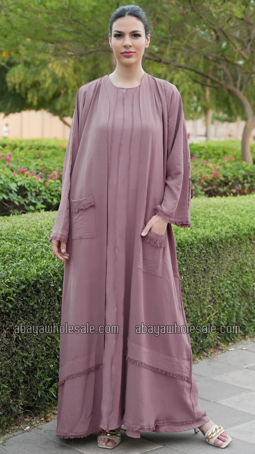 Wholesale Modest Dress with Weaving Yarn Work on the Front and Pocket in Blush Pink