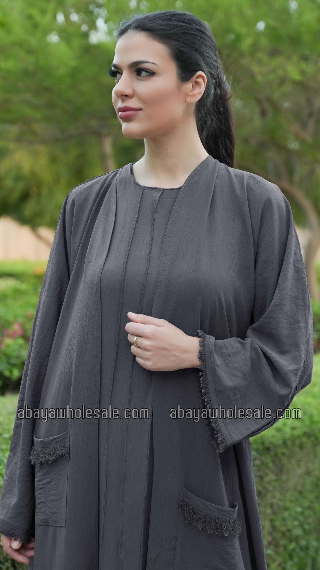 Wholesale  Modest Dress with Weaving Yarn Work on the Front and Pocket in Dark Grey