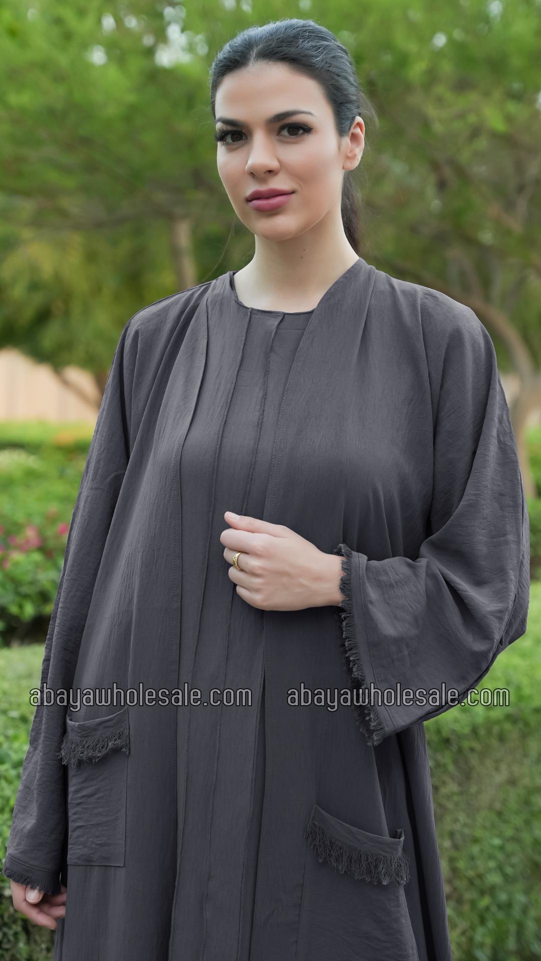 Wholesale  Modest Dress with Weaving Yarn Work on the Front and Pocket in Dark Grey