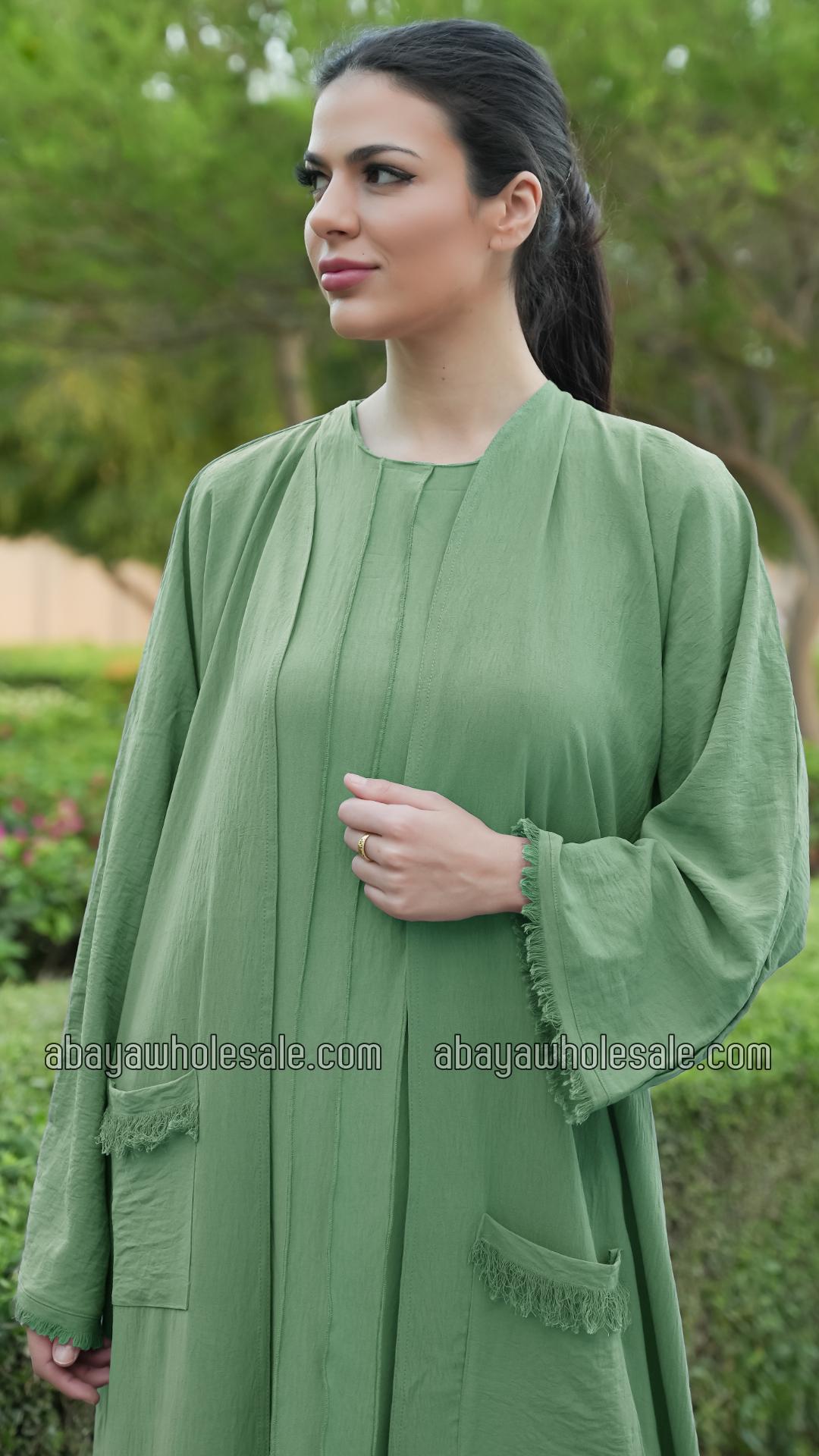 Wholesale Modest Dress with Weaving Yarn Work on the Front and Pocket in Mint