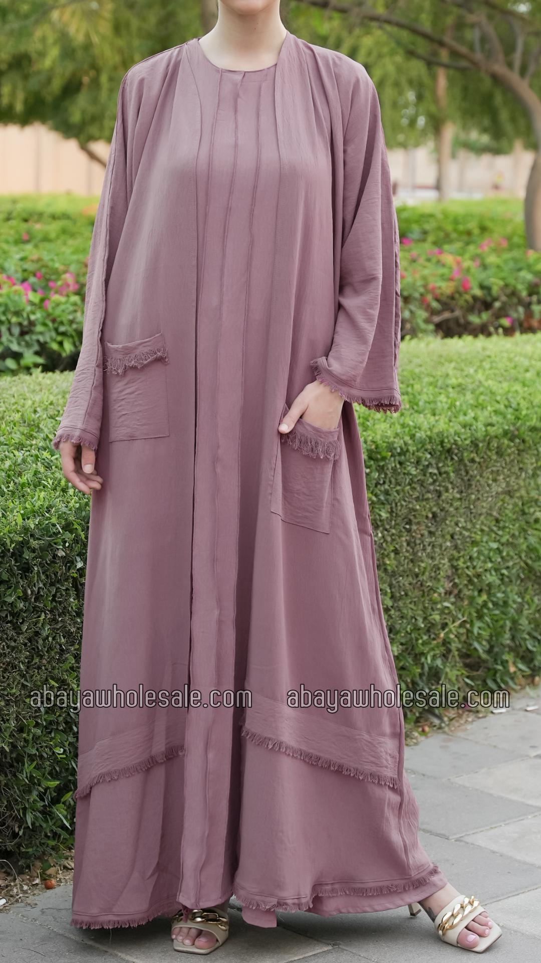 Wholesale Modest Dress with Weaving Yarn Work on the Front and Pocket in Blush Pink