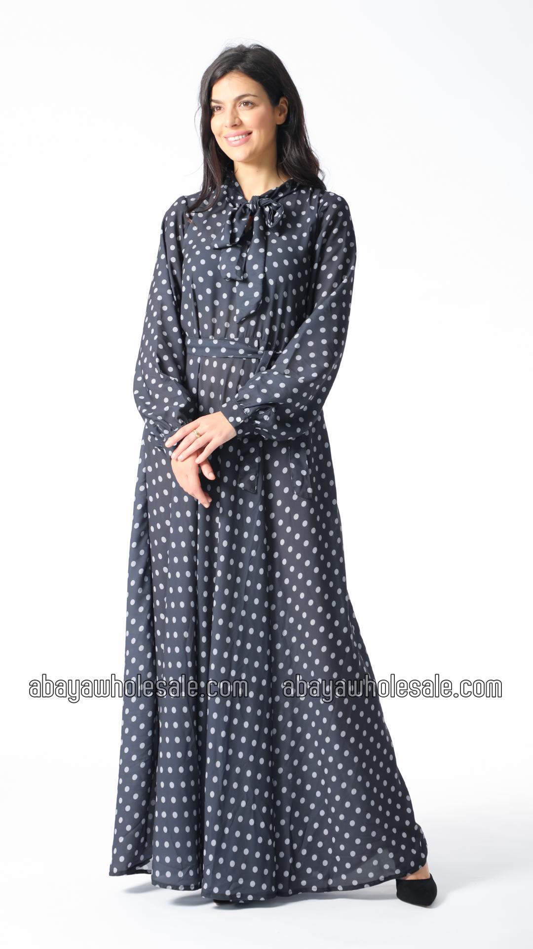 Wholesale Polka Dot Printed Modest Dress with a TieUp Neck in Black