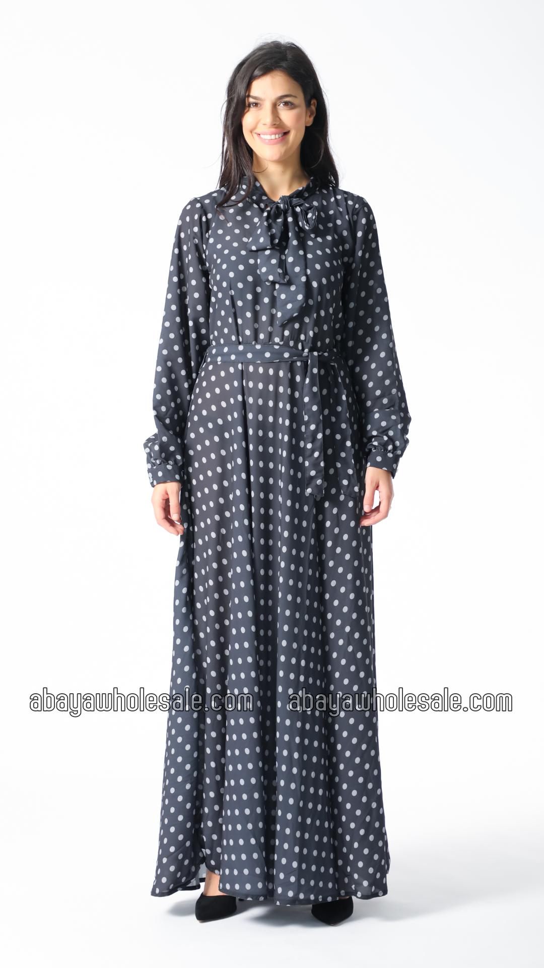 Wholesale Polka Dot Printed Modest Dress with a TieUp Neck in Black