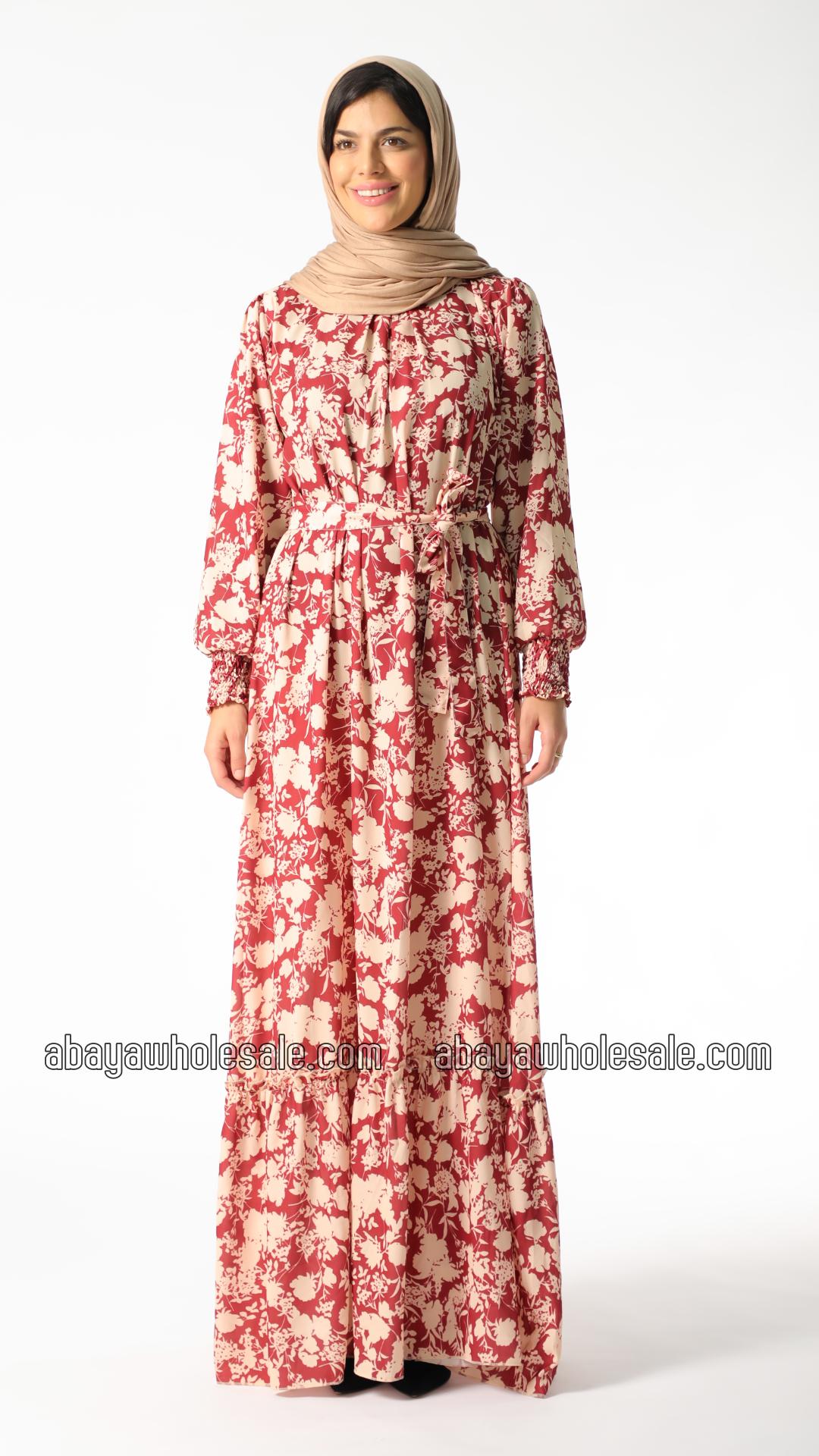 Wholesale Floral Printed Modest Dress with a Belt