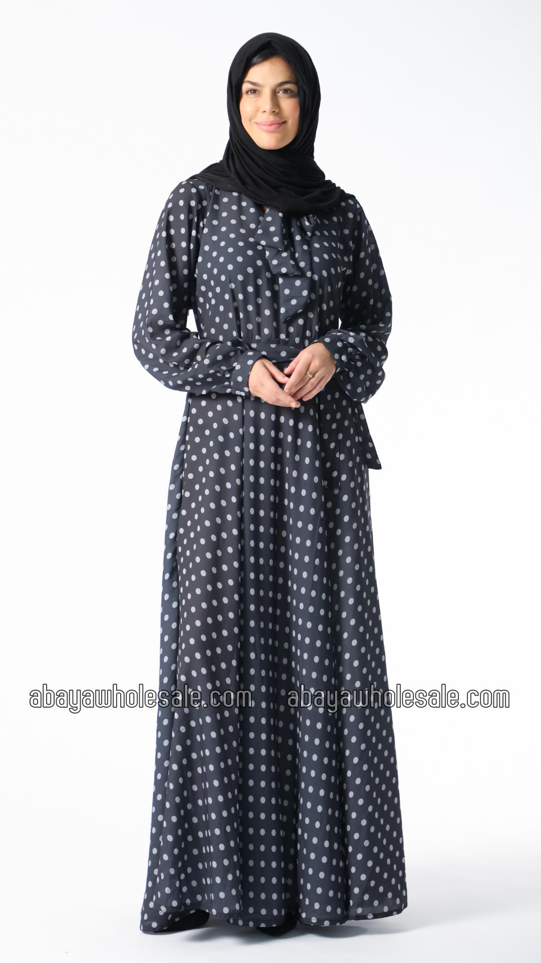 Wholesale Polka Dot Printed Modest Dress with a TieUp Neck in Black