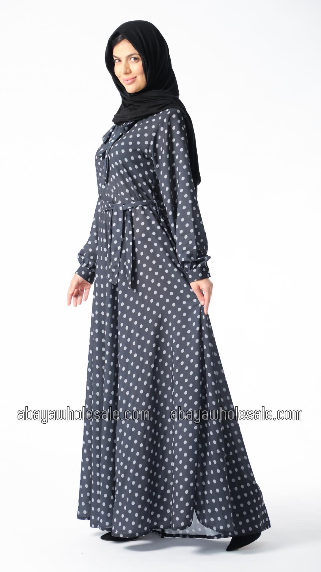 Wholesale Polka Dot Printed Modest Dress with a TieUp Neck in Black