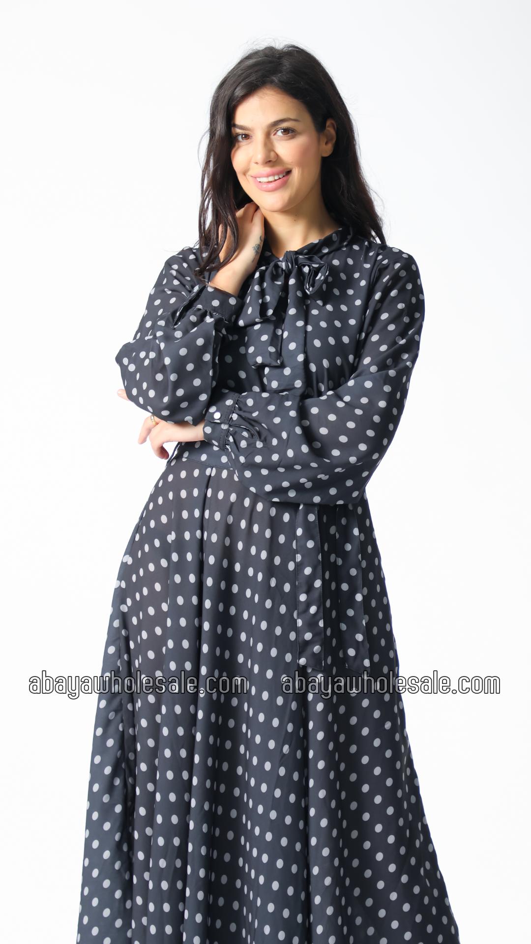Wholesale Polka Dot Printed Modest Dress with a TieUp Neck in Black