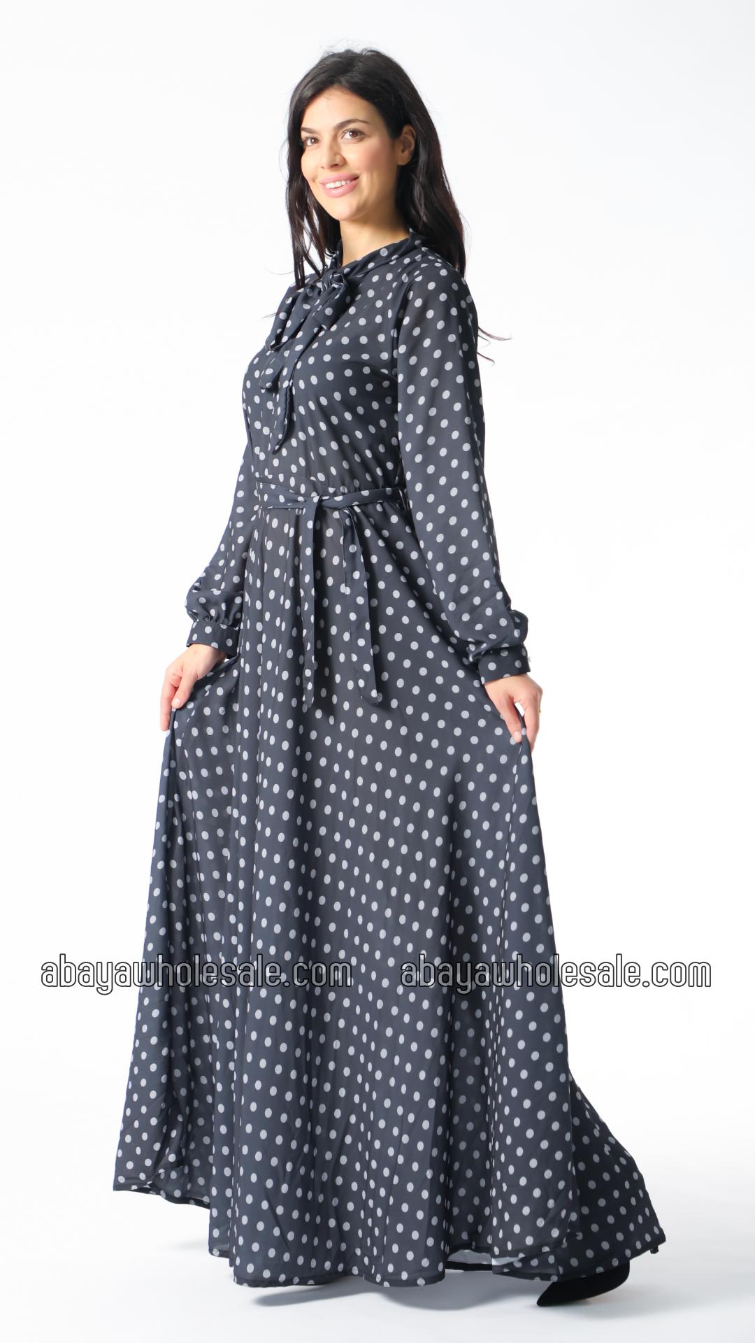 Wholesale Polka Dot Printed Modest Dress with a TieUp Neck in Black