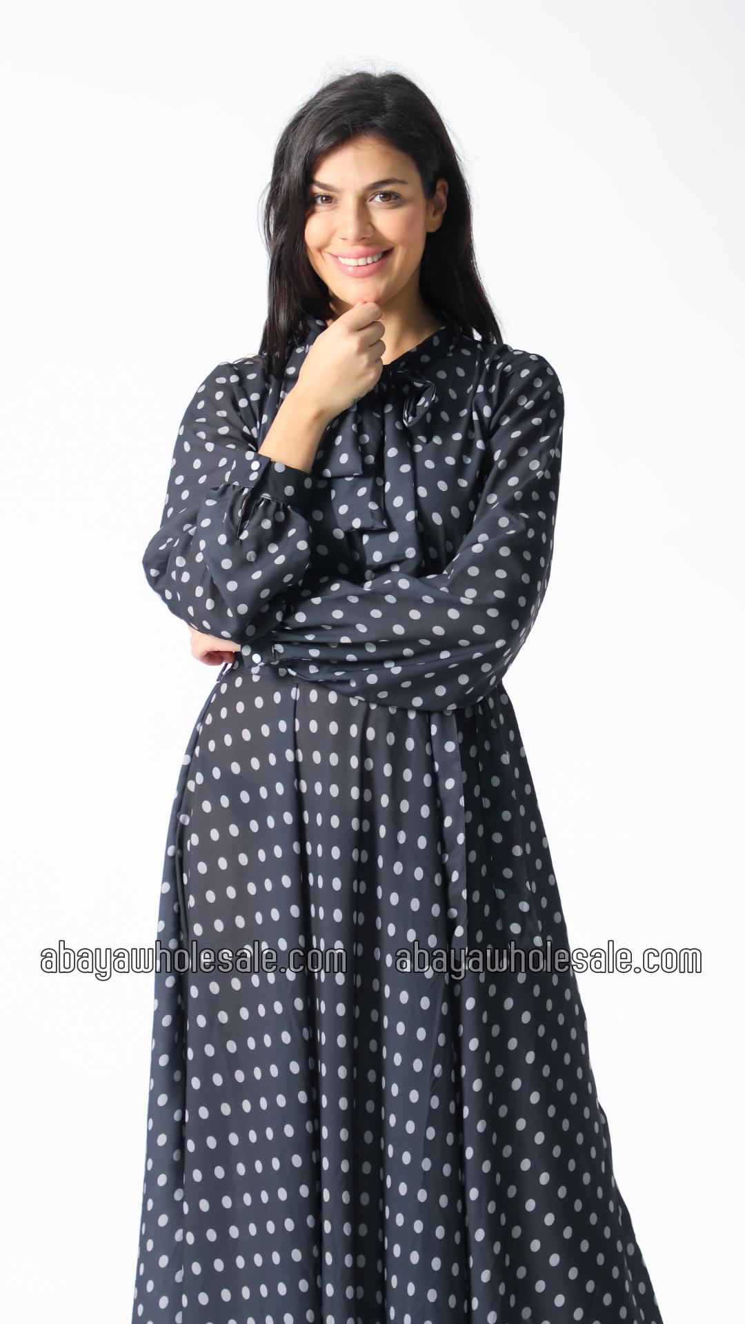 Wholesale Polka Dot Printed Modest Dress with a TieUp Neck in Black