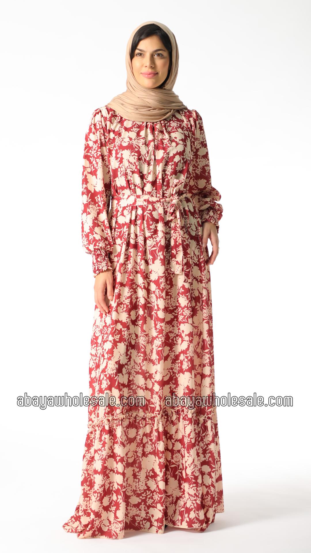 Wholesale Floral Printed Modest Dress with a Belt