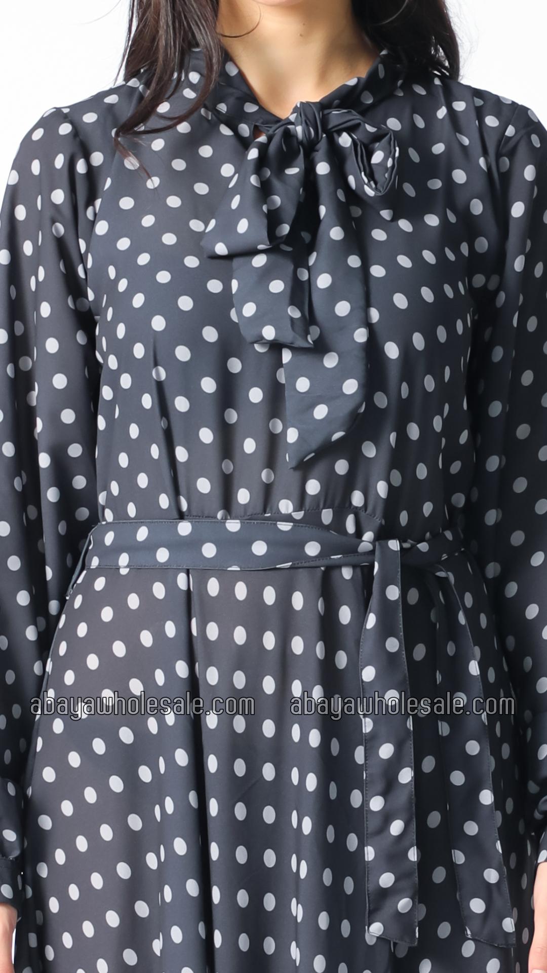 Wholesale Polka Dot Printed Modest Dress with a TieUp Neck in Black