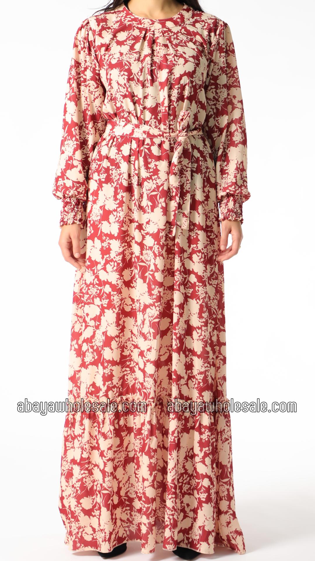 Wholesale Floral Printed Modest Dress with a Belt
