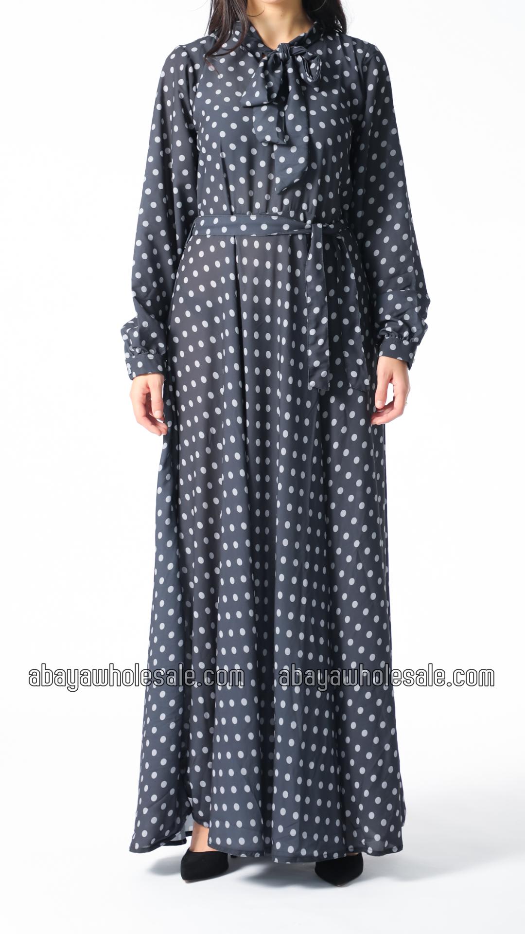 Wholesale Polka Dot Printed Modest Dress with a TieUp Neck in Black