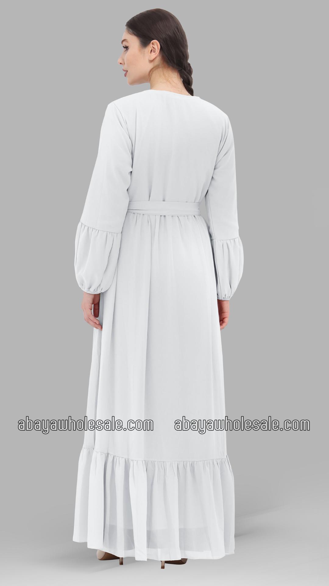 Wholesale Modest Dress with Tie Up Neck in White