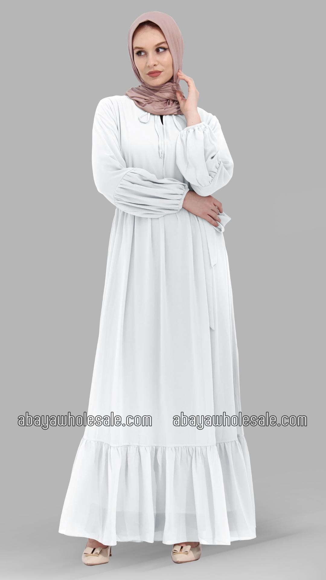 Wholesale Modest Dress with Tie Up Neck in White