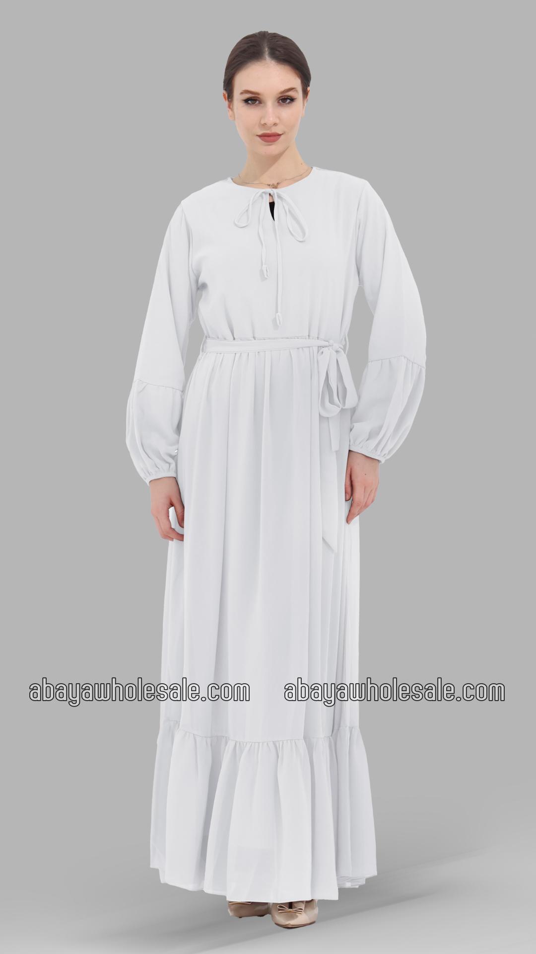 Wholesale Modest Dress with Tie Up Neck in White