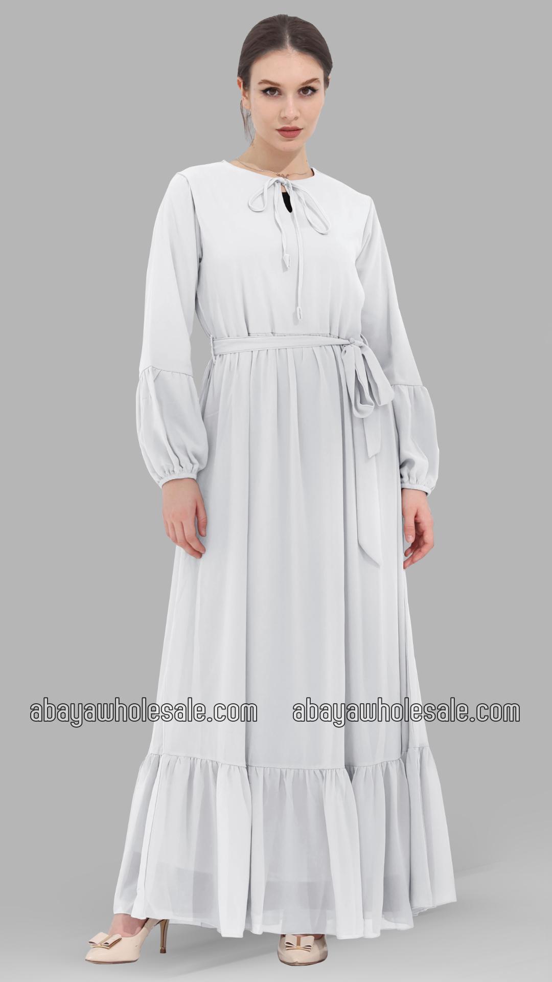 Wholesale Modest Dress with Tie Up Neck in White