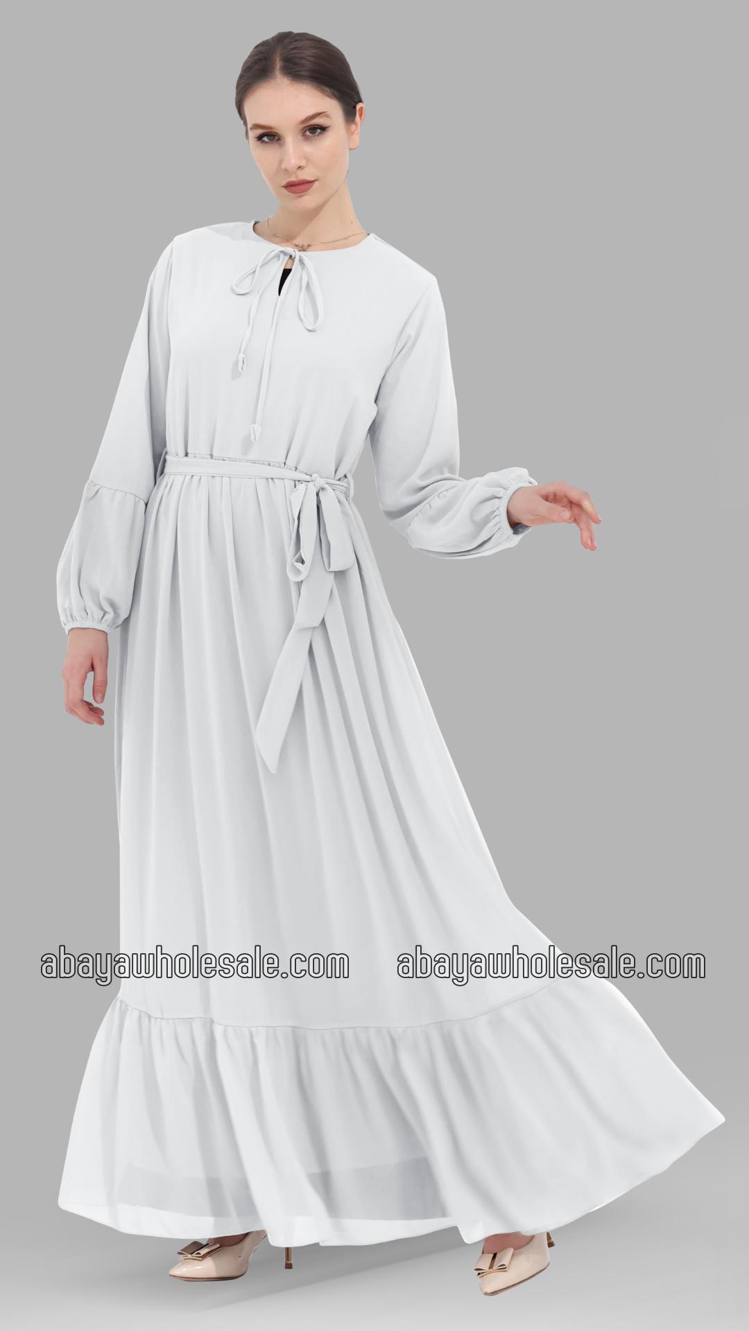 Wholesale Modest Dress with Tie Up Neck in White