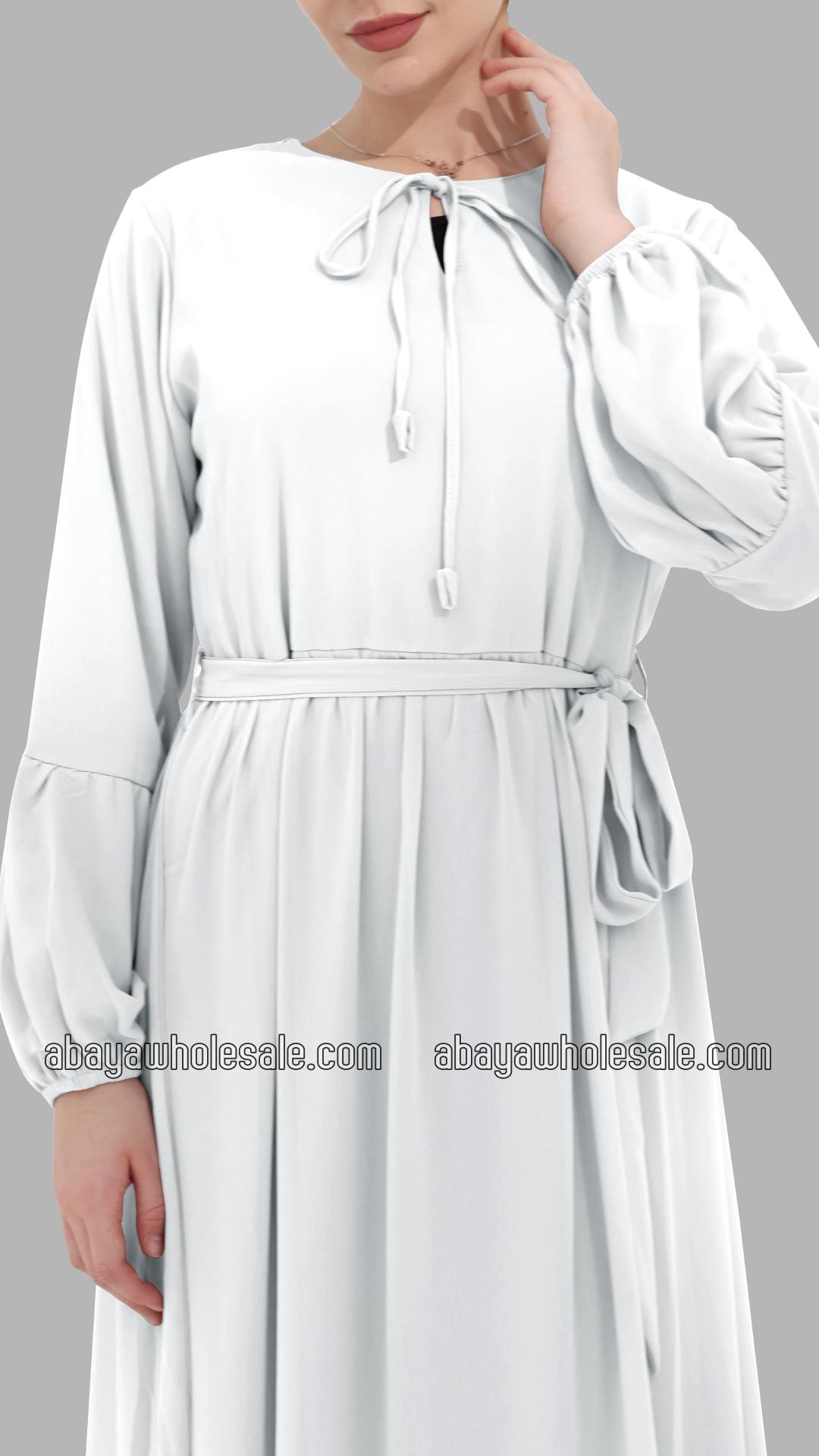 Wholesale Modest Dress with Tie Up Neck in White