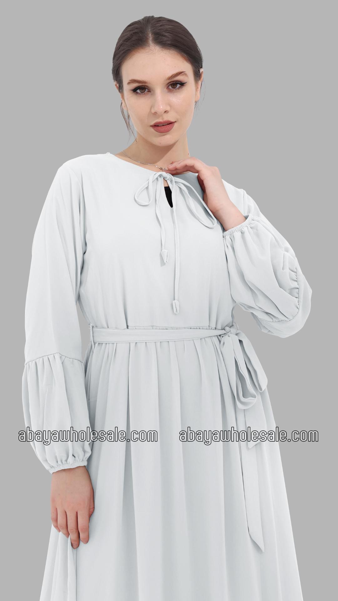 Wholesale Modest Dress with Tie Up Neck in White