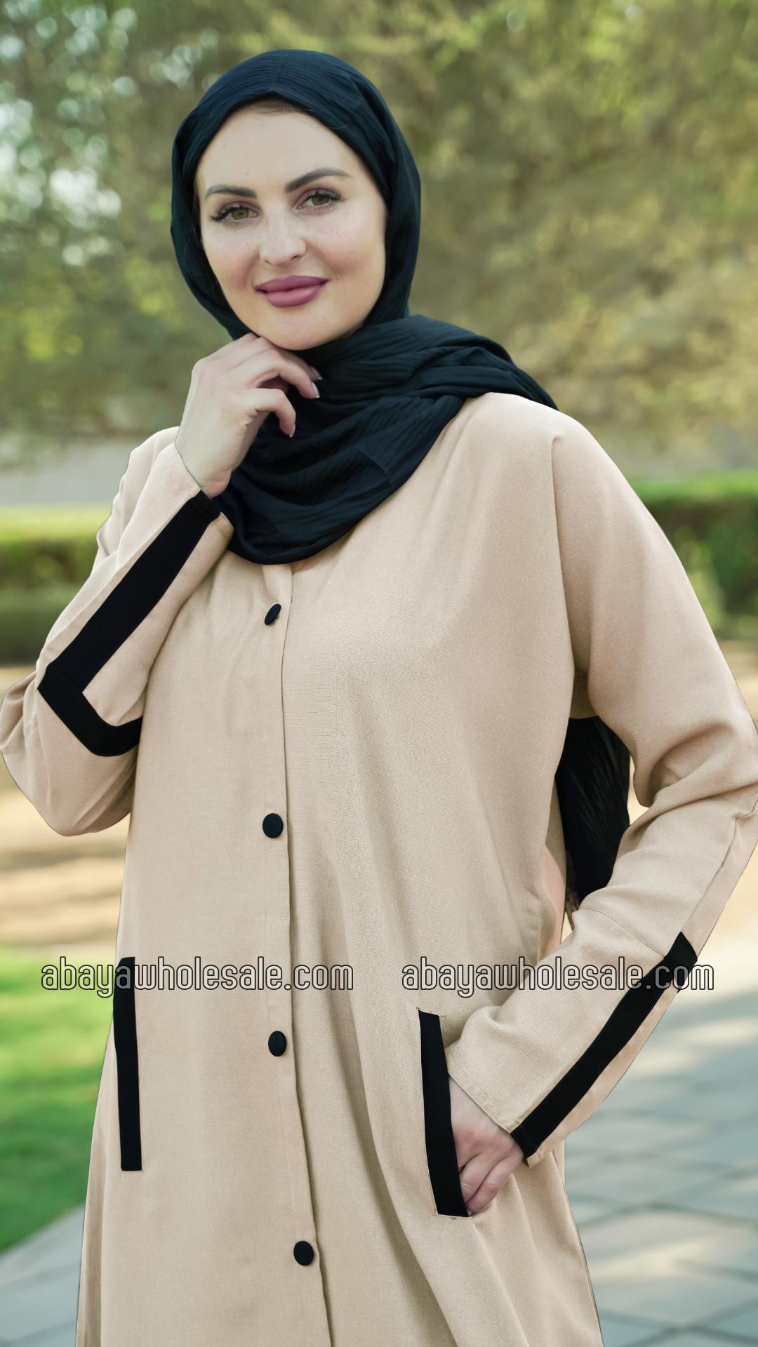 Wholesale CEY Simple Front Open Abaya with Two Side Pockets at the Front and Show Buttons in Cream
