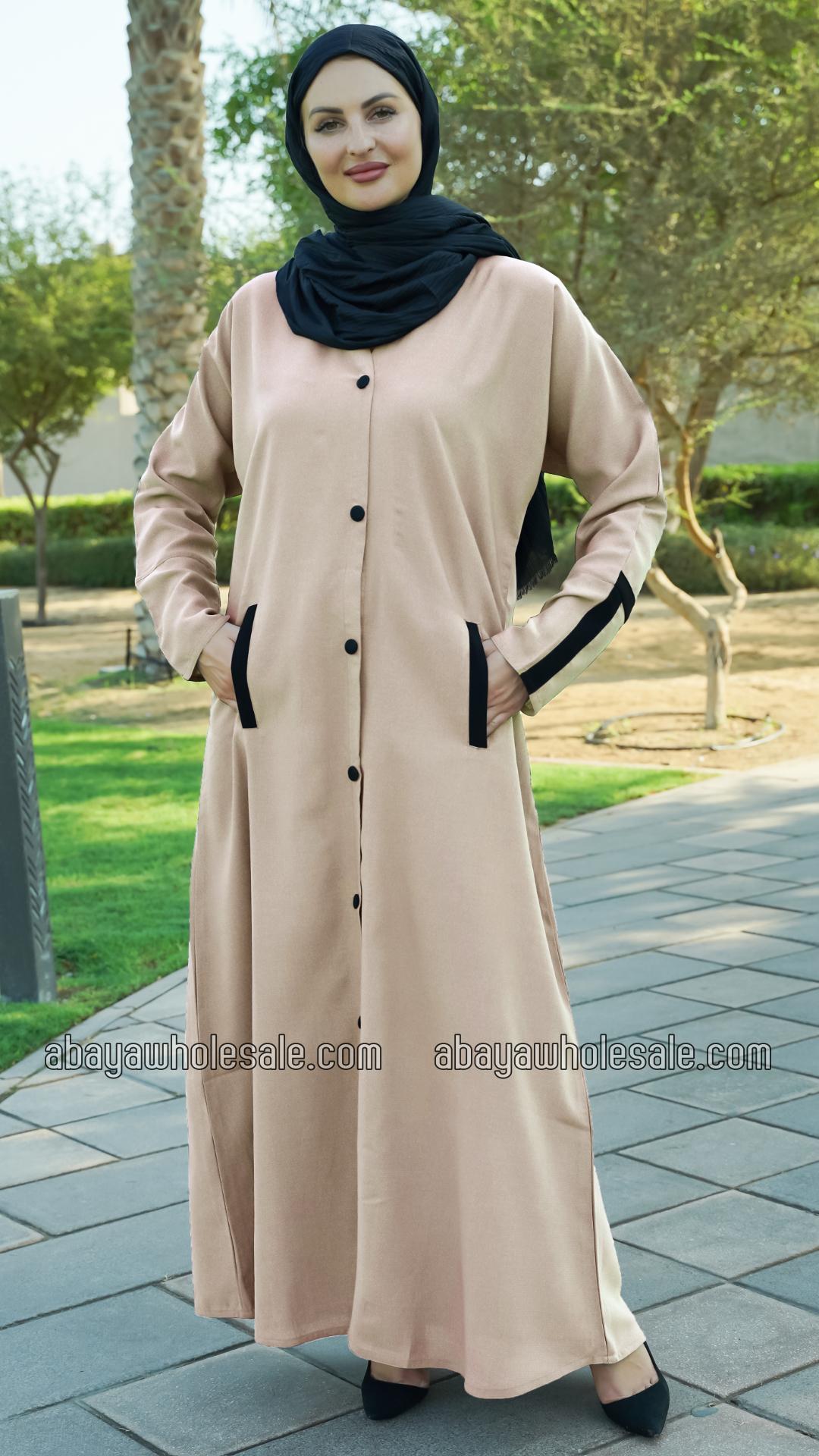 Wholesale CEY Simple Front Open Abaya with Two Side Pockets at the Front and Show Buttons in Cream