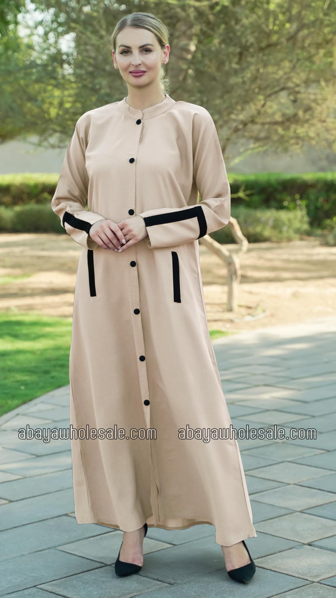 Wholesale CEY Simple Front Open Abaya with Two Side Pockets at the Front and Show Buttons in Cream
