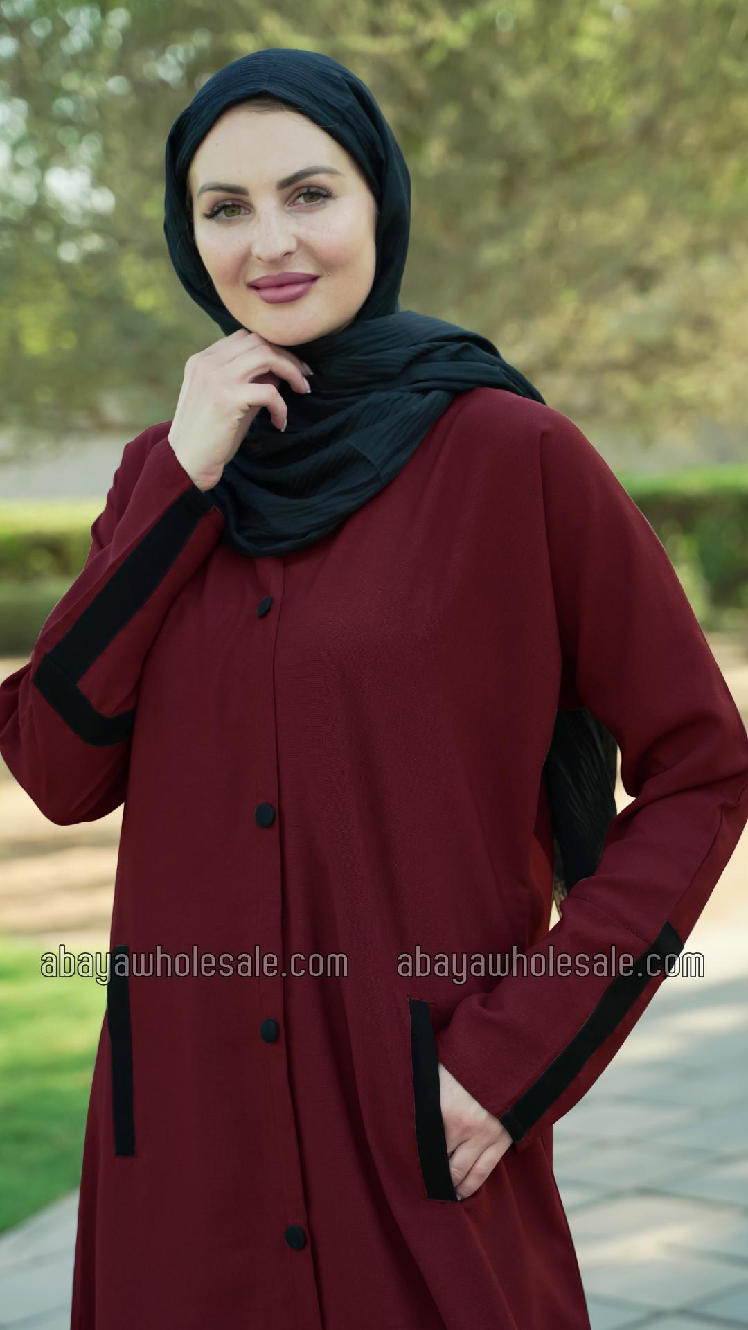 Wholesale CEY Simple Front Open Abaya with Two Side Pockets at the Front and Show Buttons in Maroon