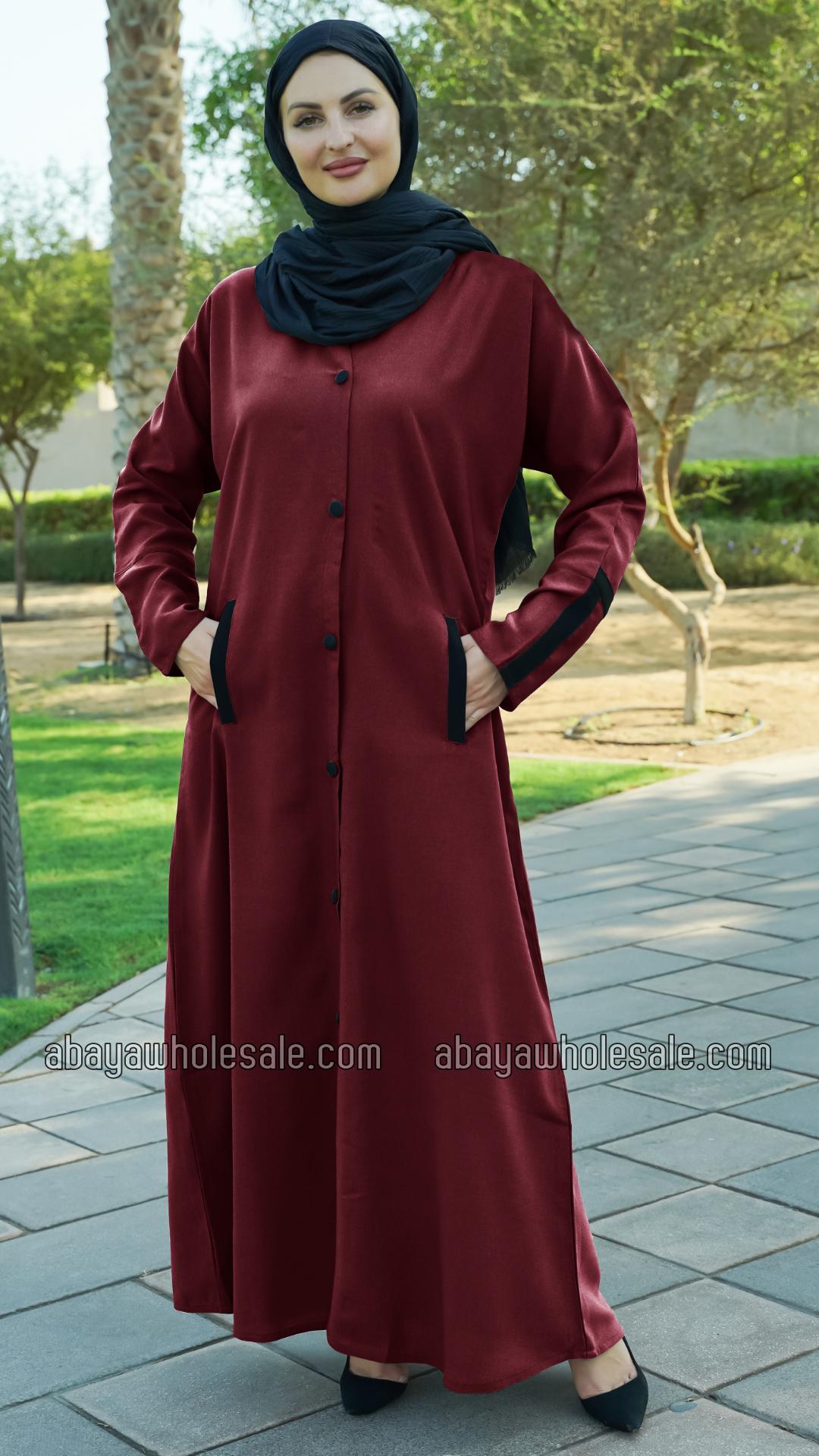 Wholesale CEY Simple Front Open Abaya with Two Side Pockets at the Front and Show Buttons in Maroon