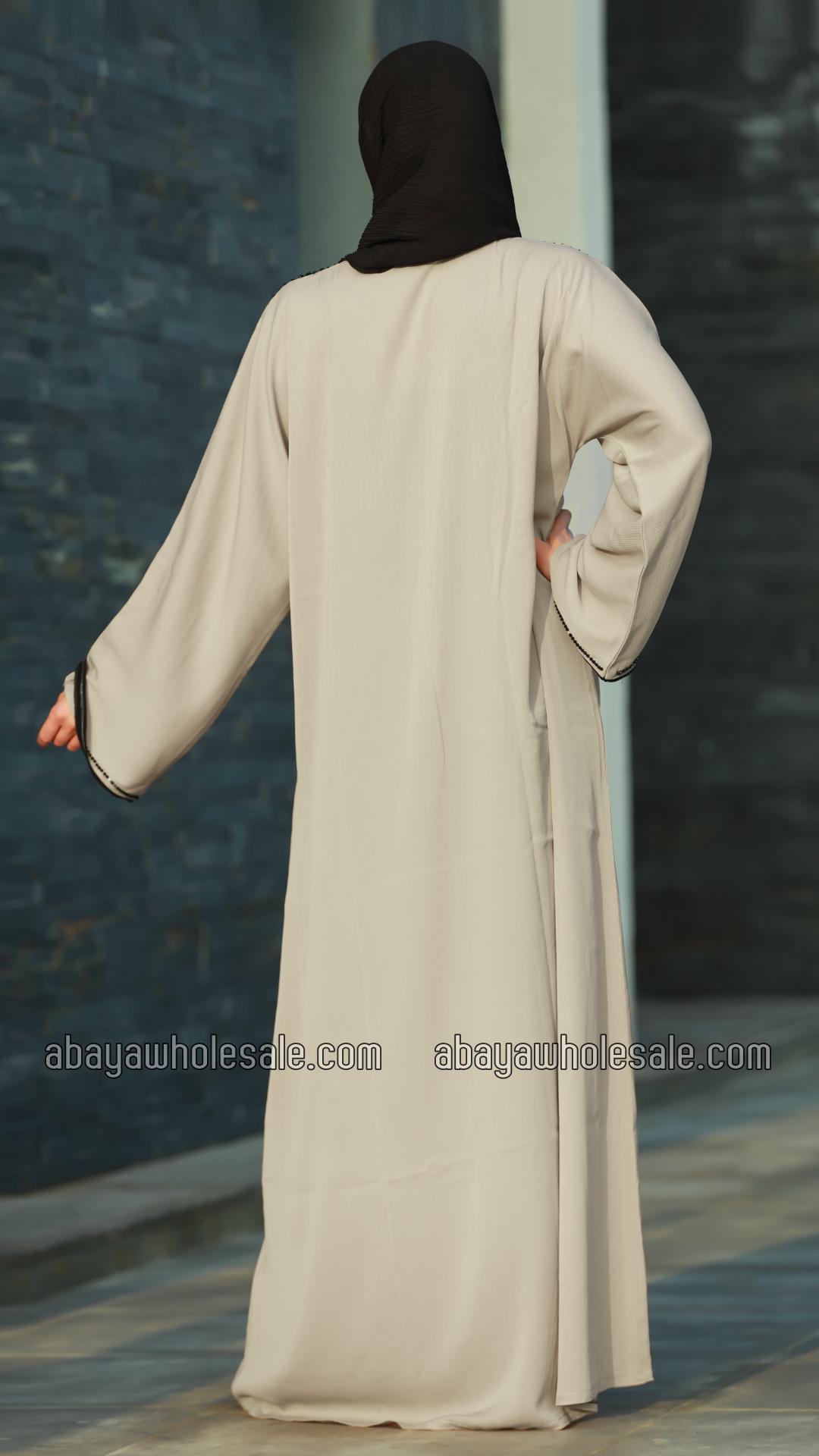 Wholesale Mesa Beige Gulf Zoom Abaya with Crystal Handwork and Piping on the Front and Sleeves