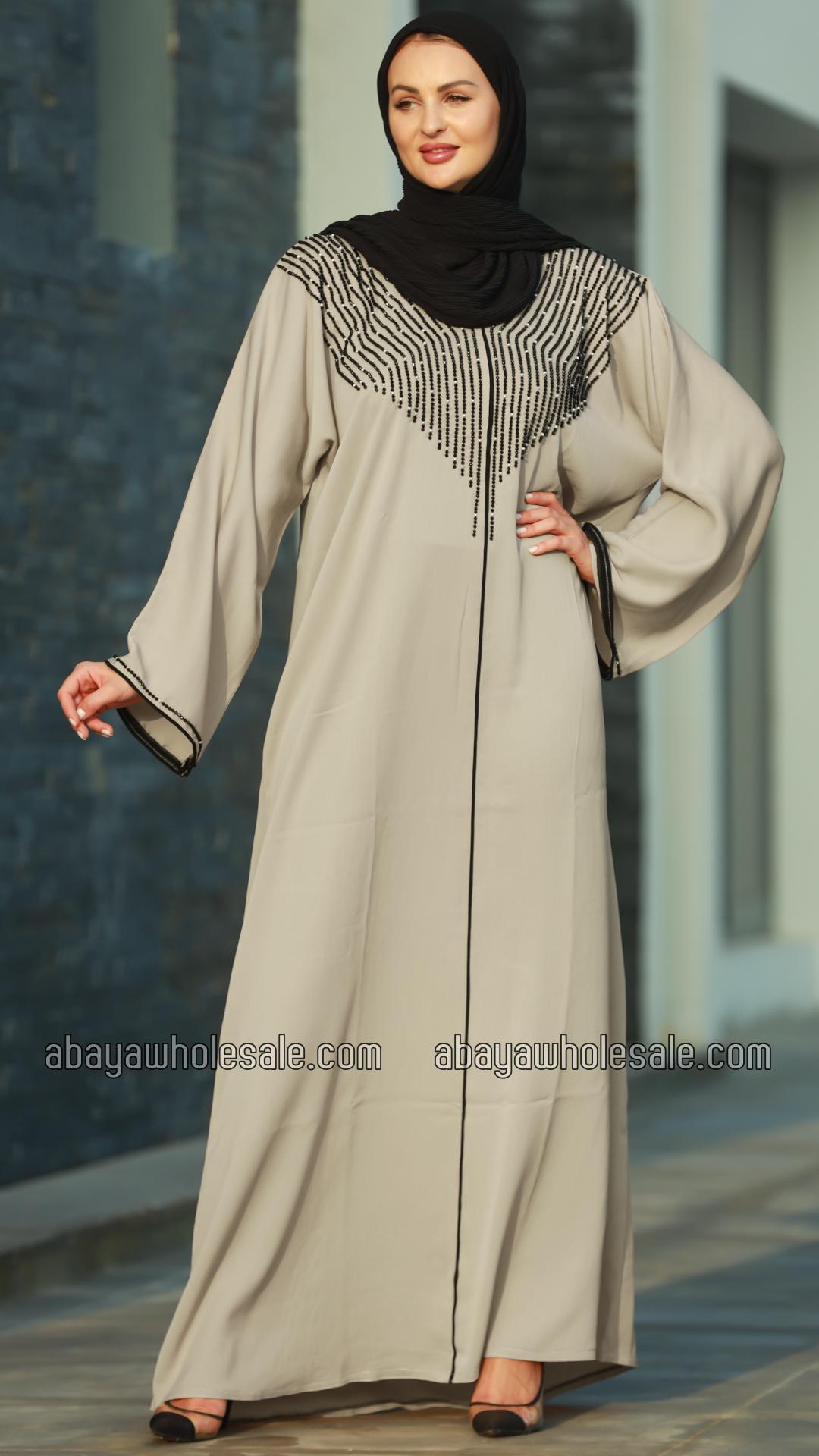 Wholesale Mesa Beige Gulf Zoom Abaya with Crystal Handwork and Piping on the Front and Sleeves