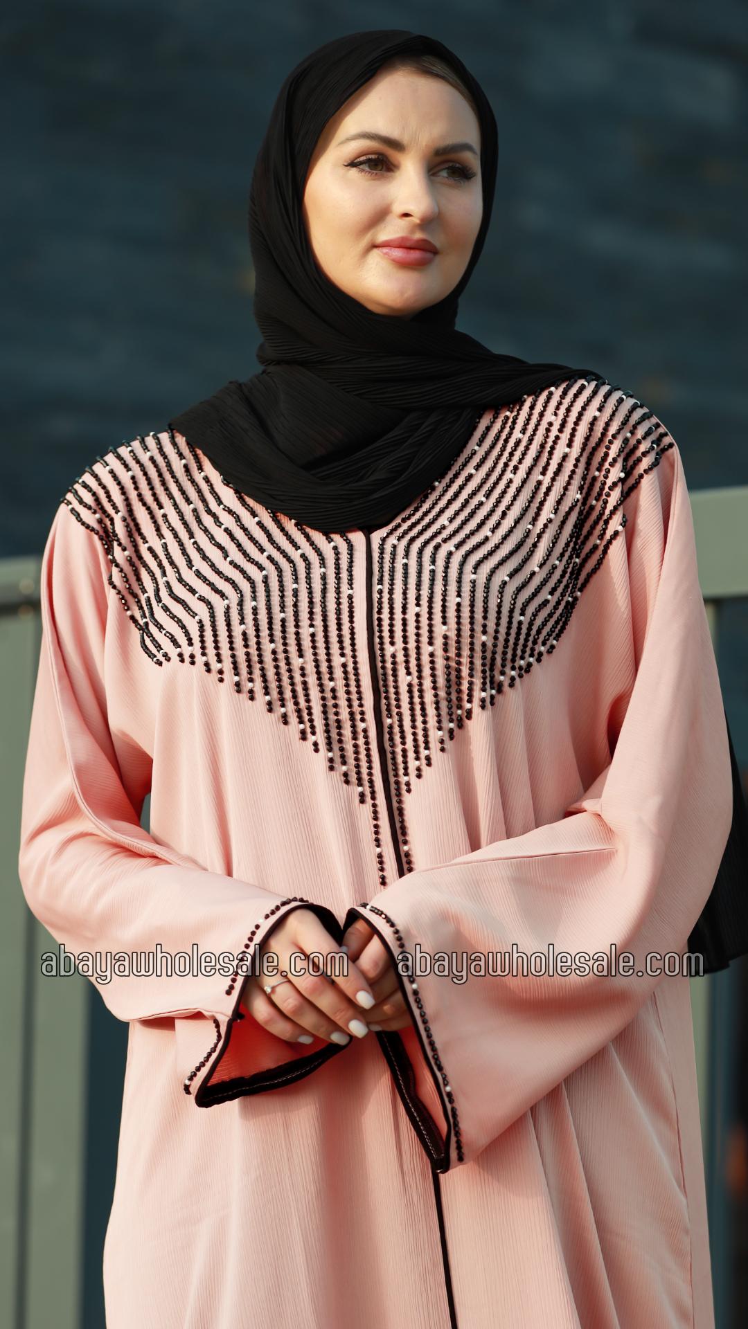 Wholesale Peachy Pink Gulf Zoom Abaya with Crystal Handwork and Piping on the Front and Sleeves