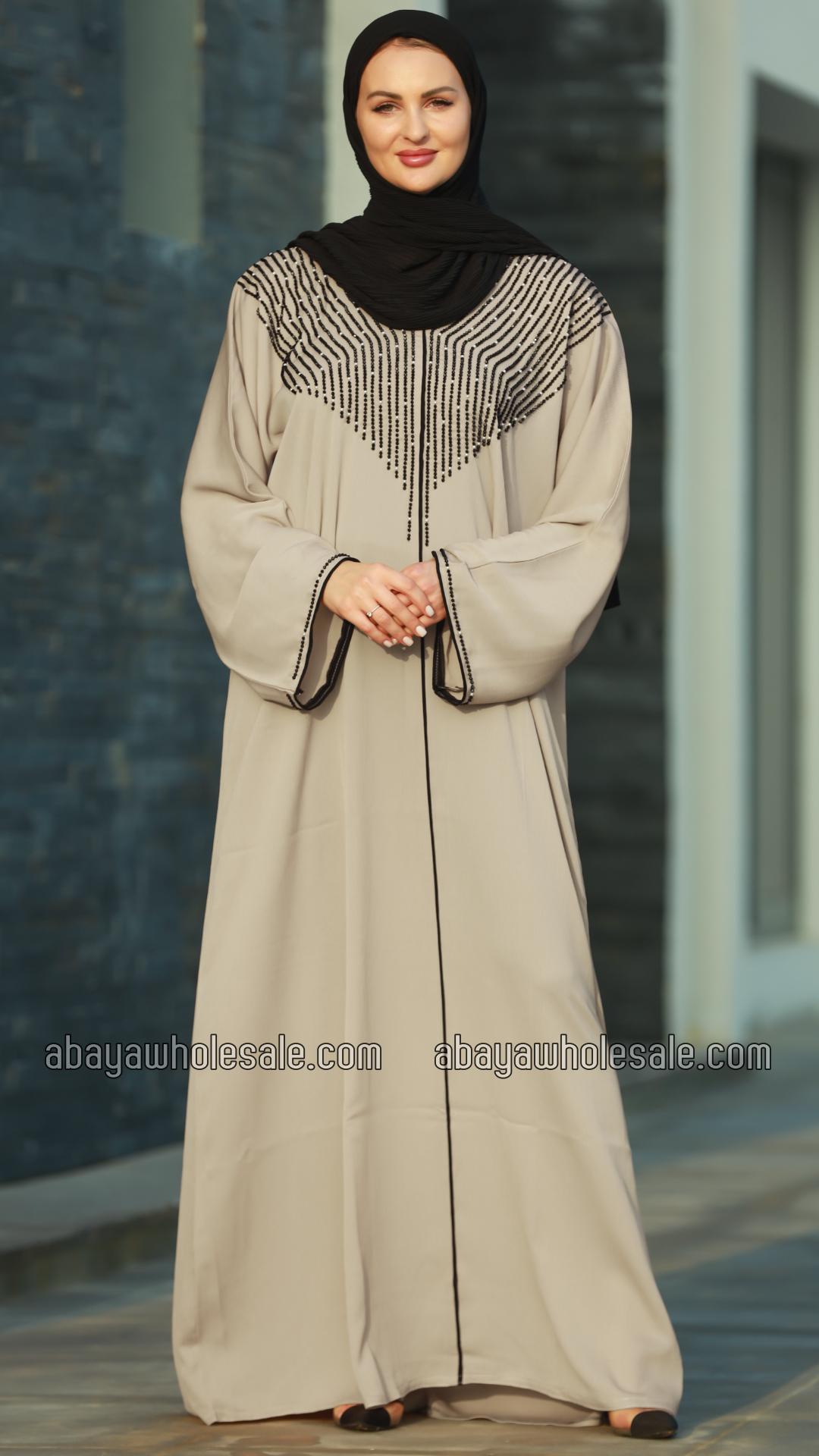 Wholesale Mesa Beige Gulf Zoom Abaya with Crystal Handwork and Piping on the Front and Sleeves