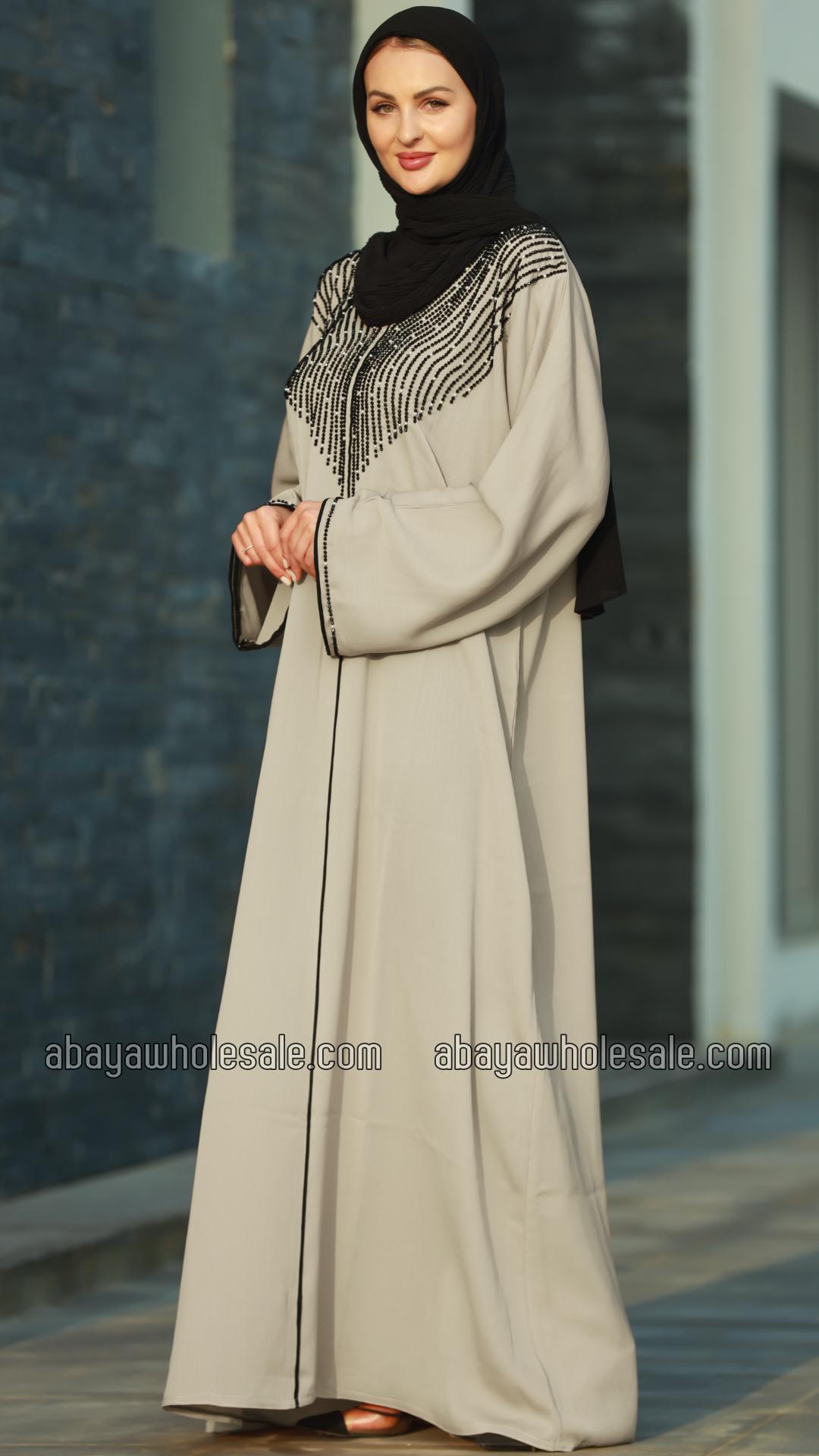 Wholesale Mesa Beige Gulf Zoom Abaya with Crystal Handwork and Piping on the Front and Sleeves