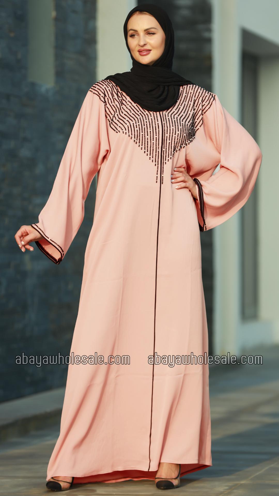 Wholesale Peachy Pink Gulf Zoom Abaya with Crystal Handwork and Piping on the Front and Sleeves