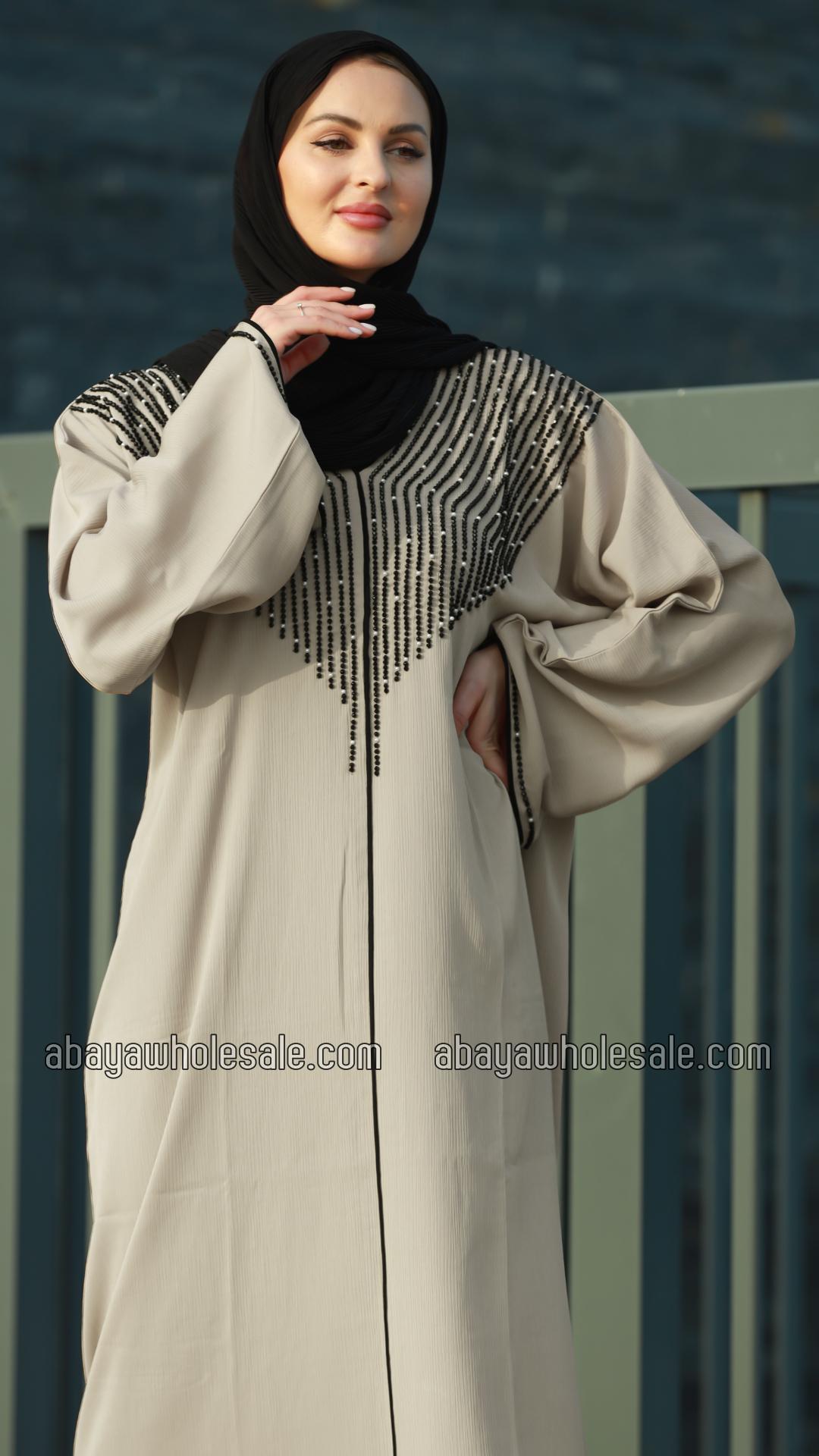 Wholesale Mesa Beige Gulf Zoom Abaya with Crystal Handwork and Piping on the Front and Sleeves