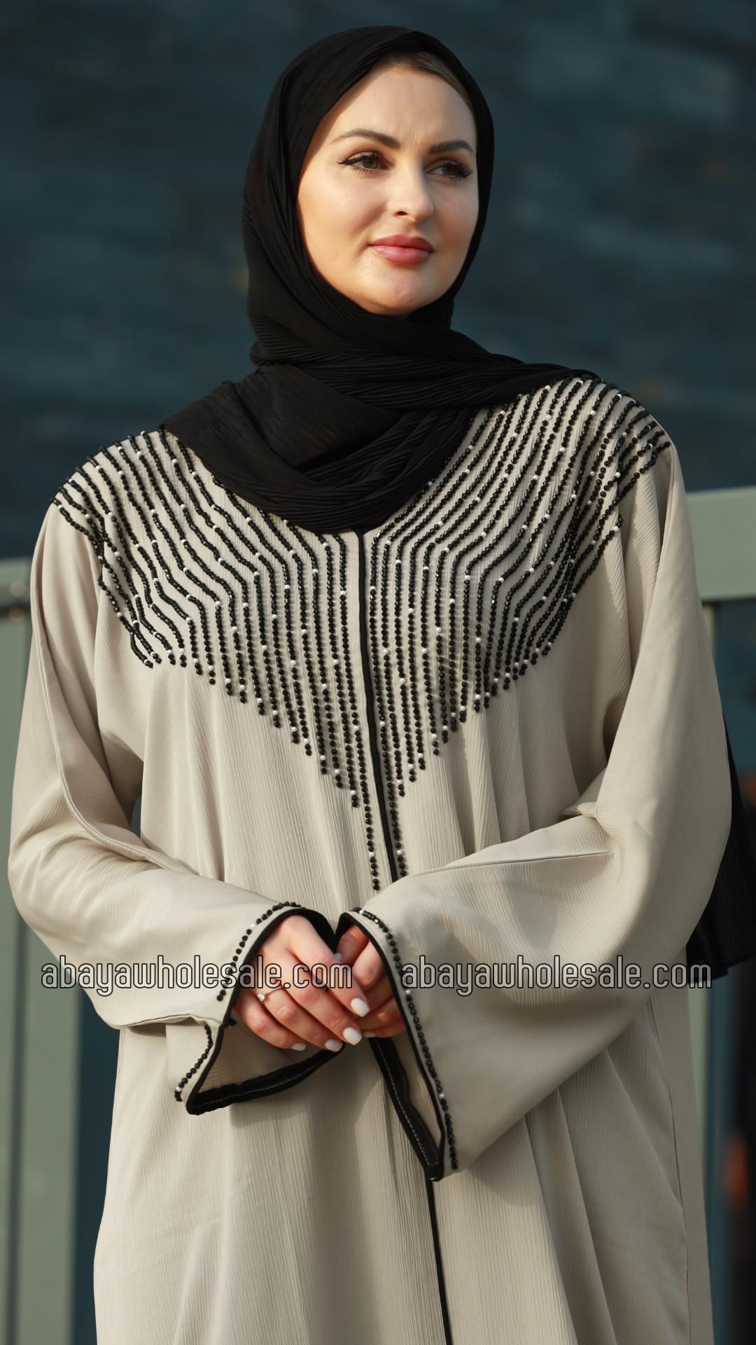 Wholesale Mesa Beige Gulf Zoom Abaya with Crystal Handwork and Piping on the Front and Sleeves
