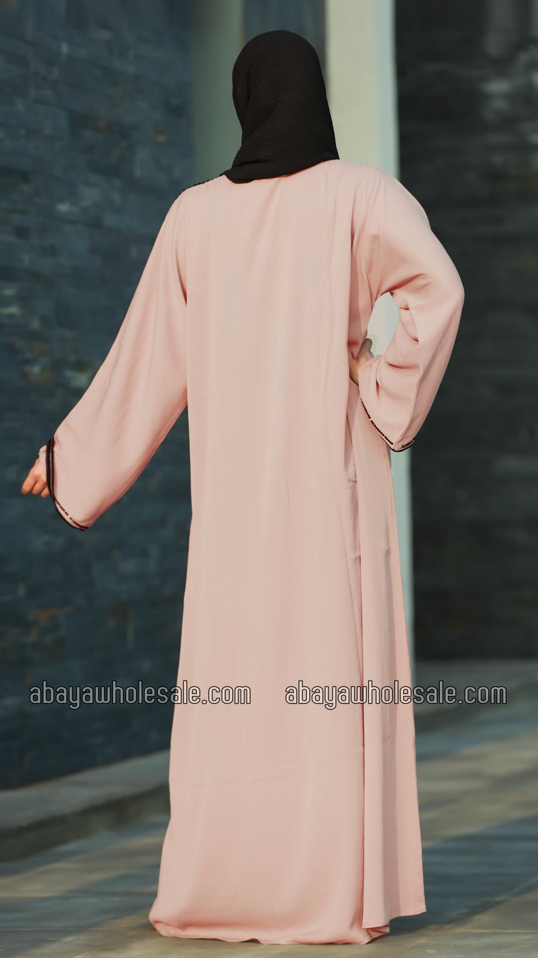 Wholesale Peachy Pink Gulf Zoom Abaya with Crystal Handwork and Piping on the Front and Sleeves