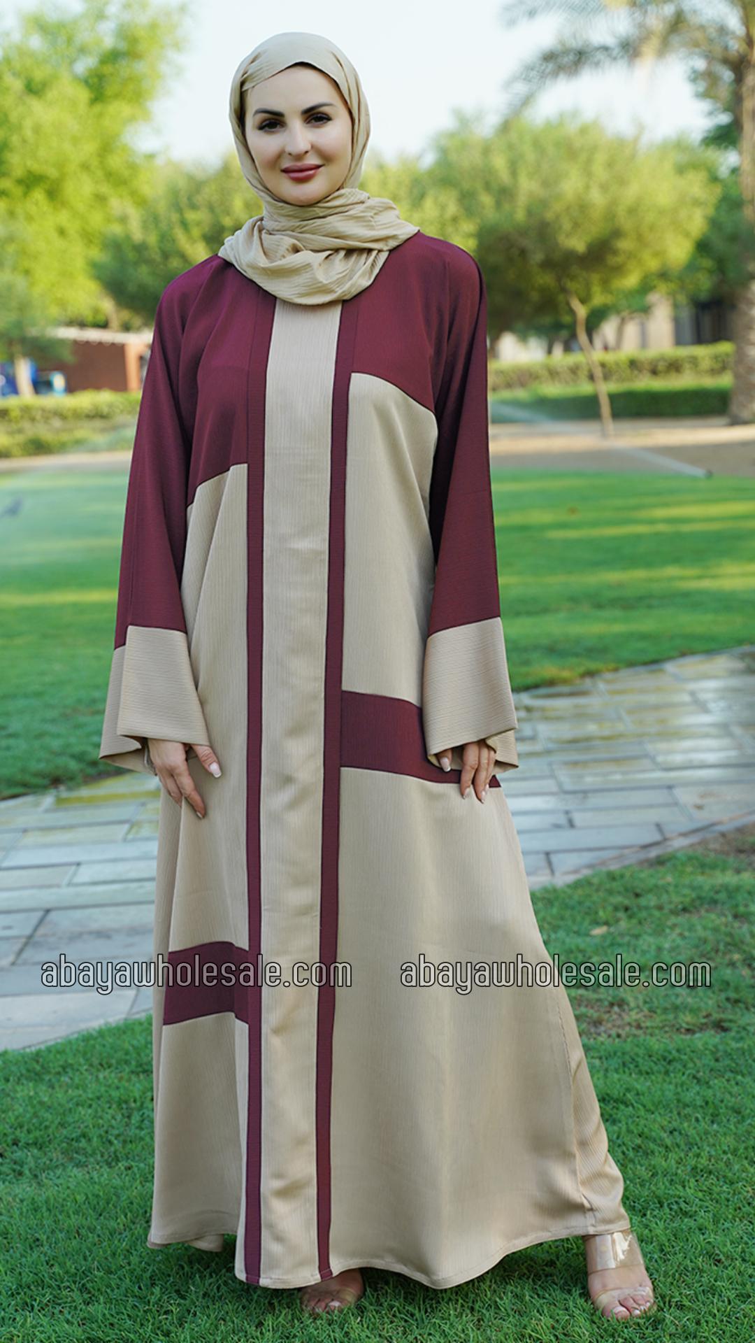 Wholesale Simple Zoom Abaya In Dark Maroon And Beige