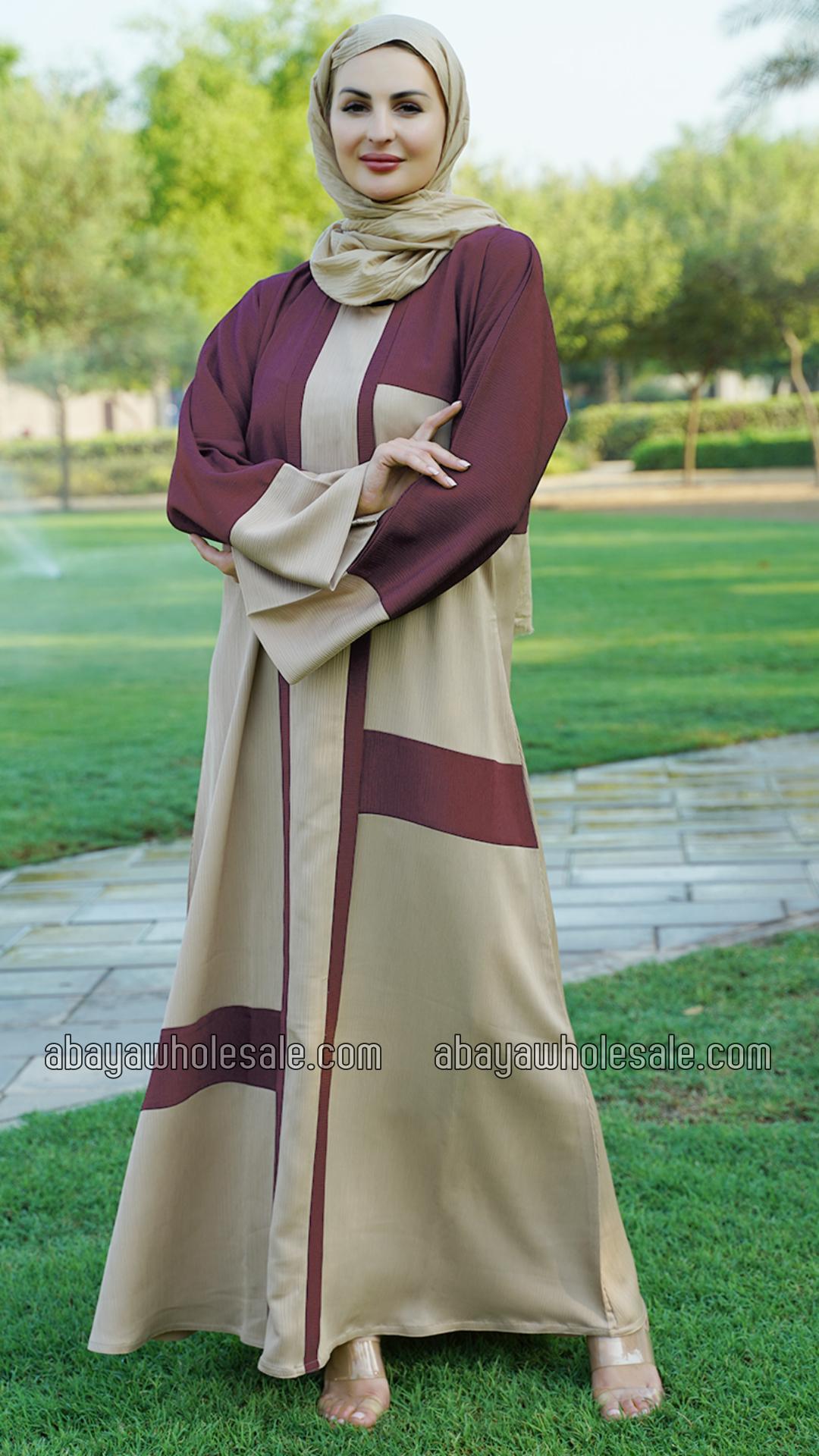 Wholesale Simple Zoom Abaya In Dark Maroon And Beige